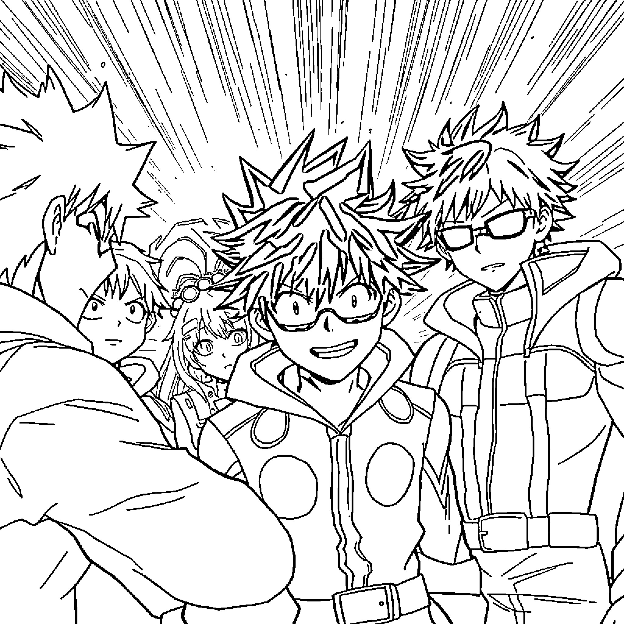 Mha characters smiling and posing together in a group Coloring Page (free black-and-white line drawing printable PDF for all, from beginners to advanced learners, including children, teens, adults, and seniors)