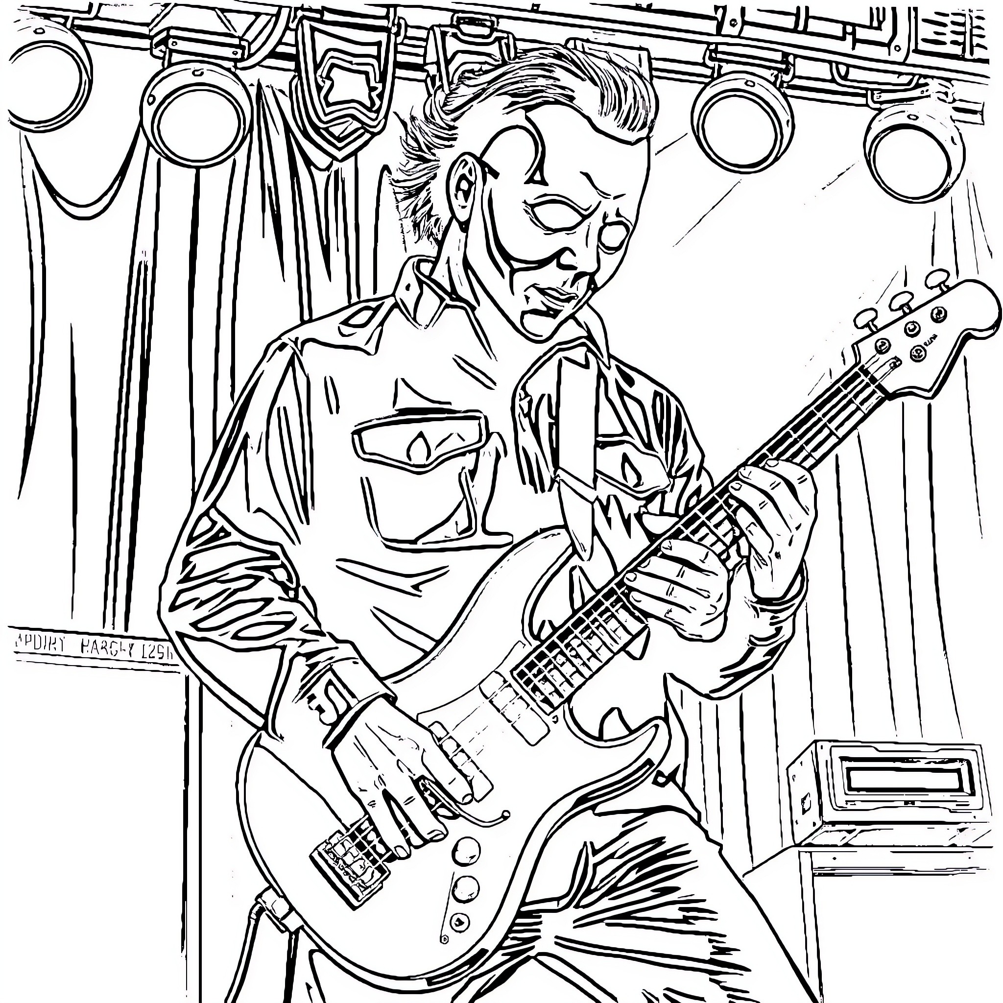 Michael Myers rocking out on the guitar Coloring Page (free black-and-white line drawing printable PDF for all, from beginners to advanced learners, including children, teens, adults, and seniors)