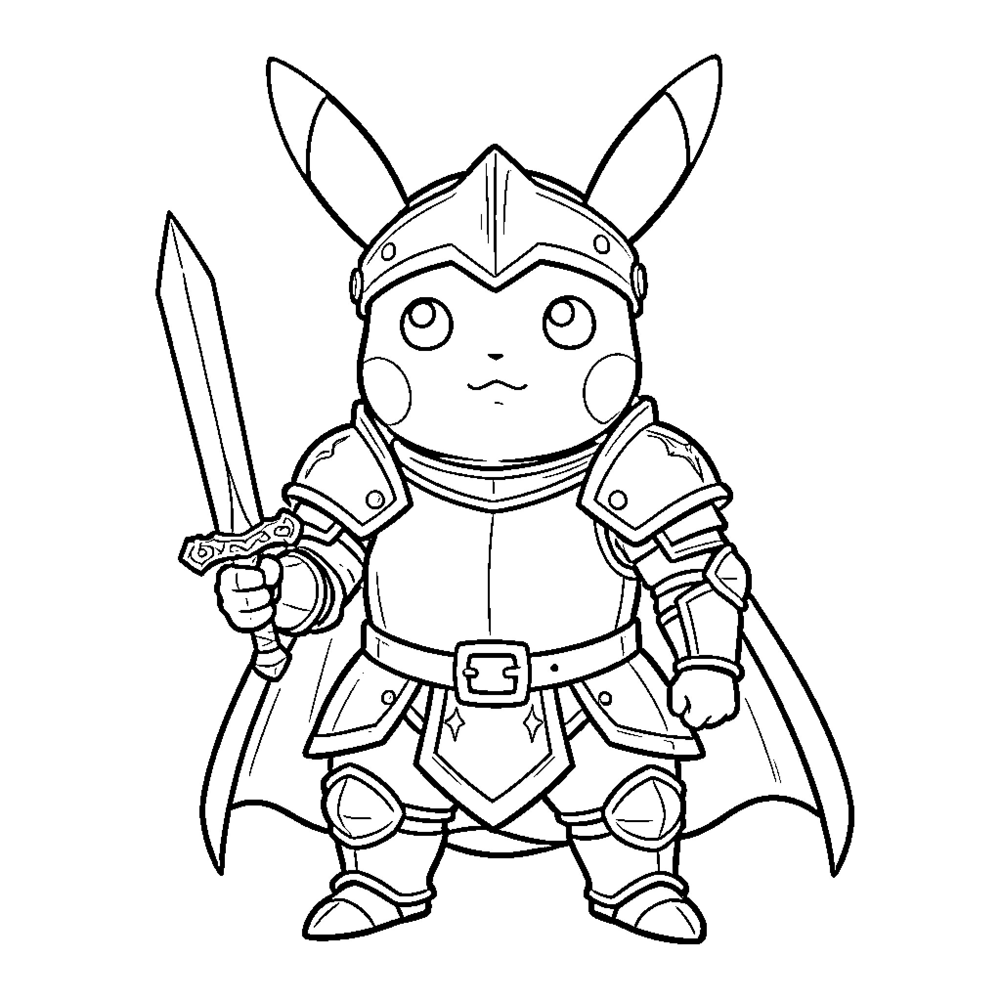 Pikachu dressed in knight armor holding a sword Coloring Page (free black-and-white line drawing printable PDF for all, from beginners to advanced learners, including children, teens, adults, and seniors)