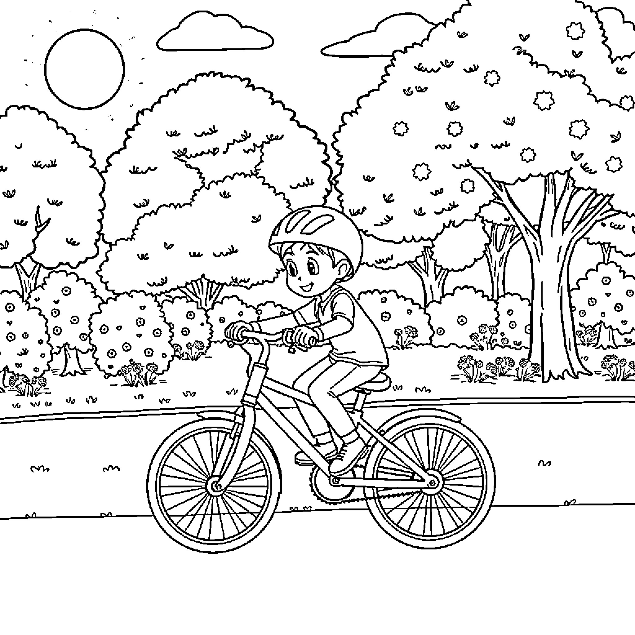 Poco's Joyful Bicycle Ride in Nature Coloring Page (free black-and-white line drawing printable PDF for all, from beginners to advanced learners, including children, teens, adults, and seniors)