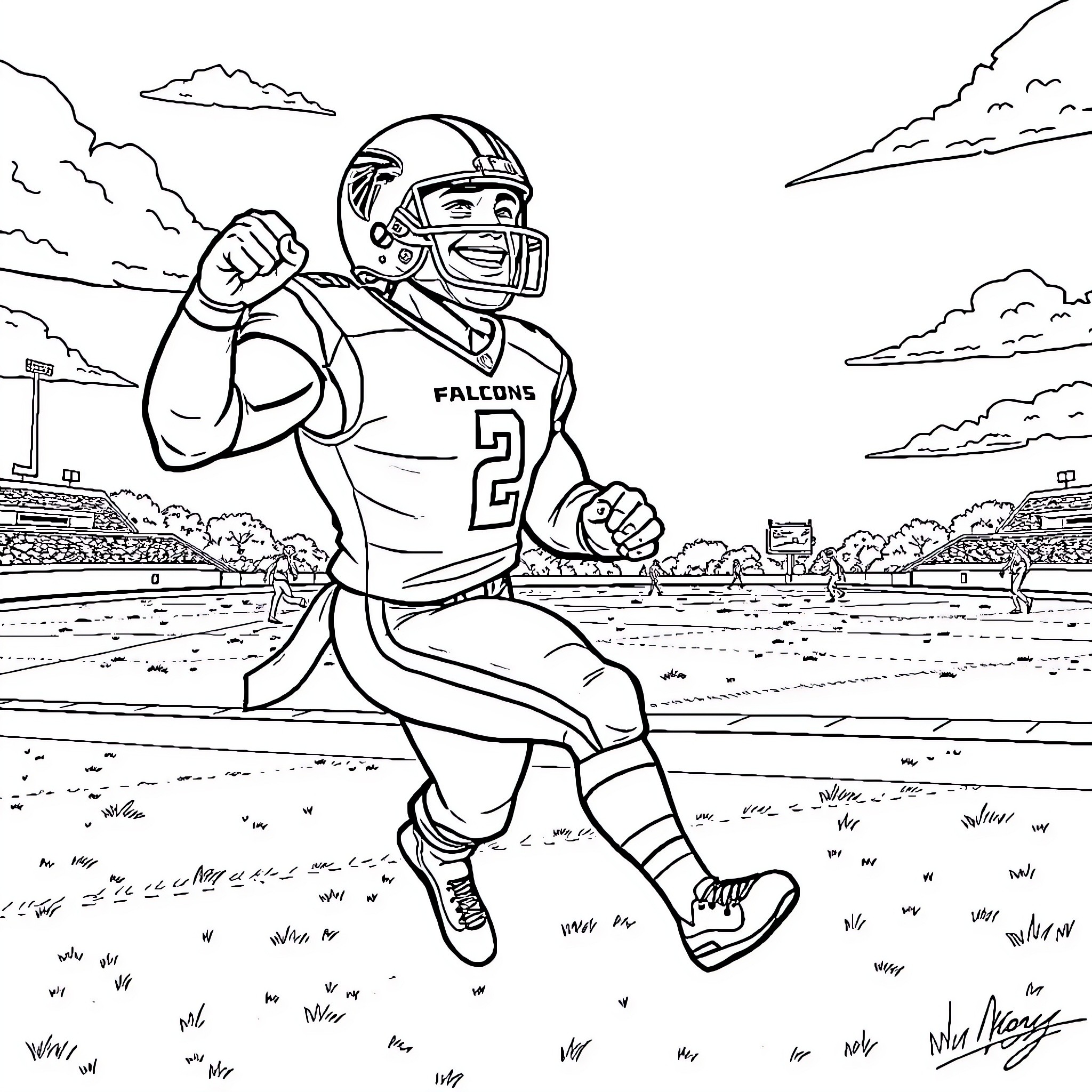Captain Planet football player running on field Coloring Page (free black-and-white line drawing printable PDF for all, from beginners to advanced learners, including children, teens, adults, and seniors)