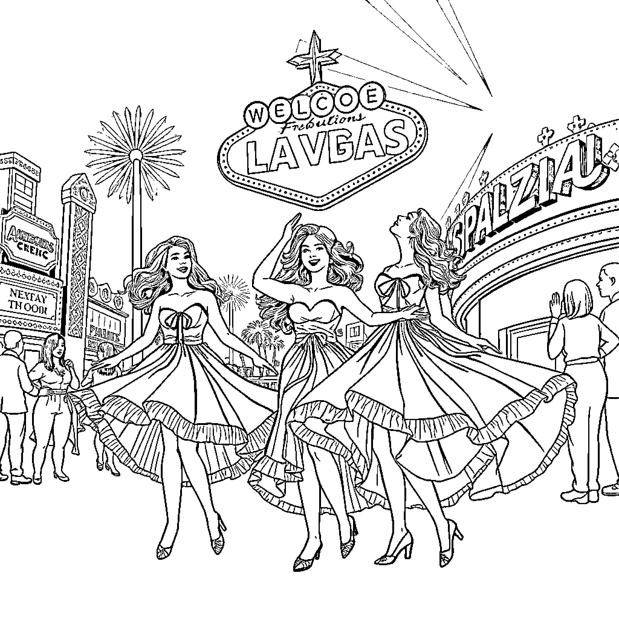 Women dancing and celebrating in the city of Las Vegas Coloring Page (free black-and-white line drawing printable PDF for all, from beginners to advanced learners, including children, teens, adults, and seniors)