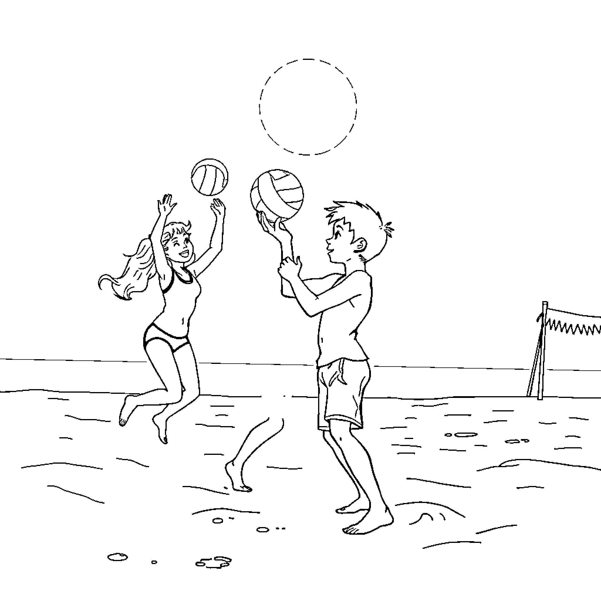 Sister and brother playing beach volleyball Coloring Page (free black-and-white line drawing printable PDF for all, from beginners to advanced learners, including children, teens, adults, and seniors)