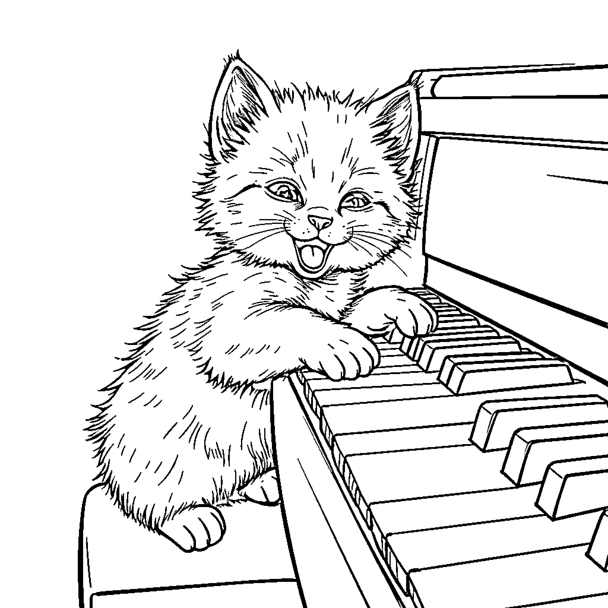 Kitten Playing Joyfully on Piano Coloring Page (free black-and-white line drawing printable PDF for all, from beginners to advanced learners, including children, teens, adults, and seniors)