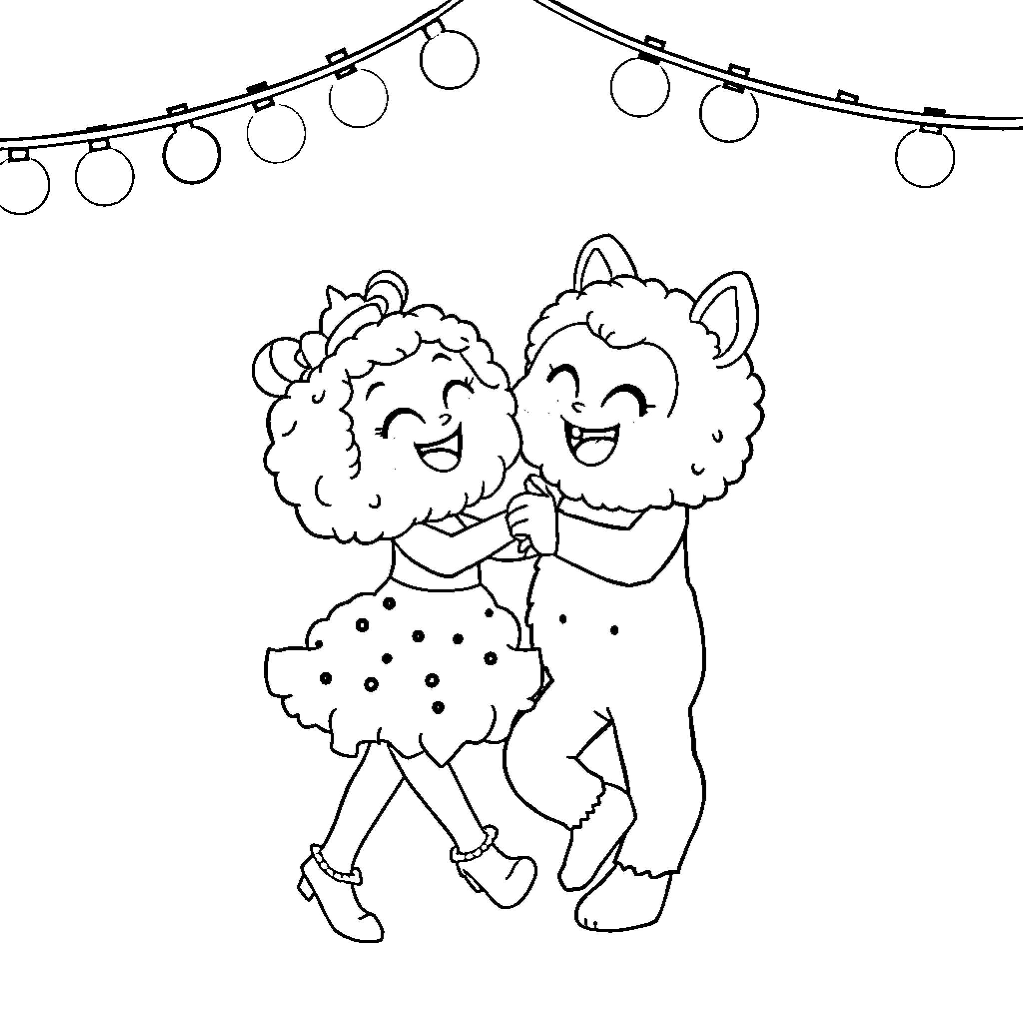 Pom Pom friends dancing under the lights Coloring Page (free black-and-white line drawing printable PDF for all, from beginners to advanced learners, including children, teens, adults, and seniors)