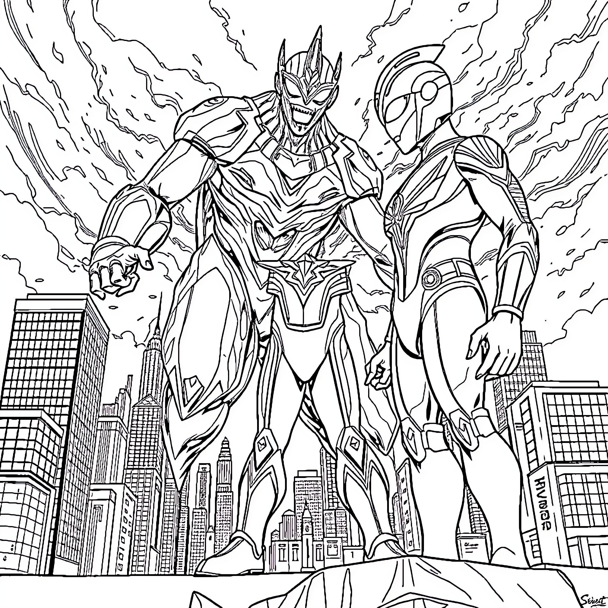 Ultraman Defenders Battling Threat in City Coloring Page (free black-and-white line drawing printable PDF for all, from beginners to advanced learners, including children, teens, adults, and seniors)