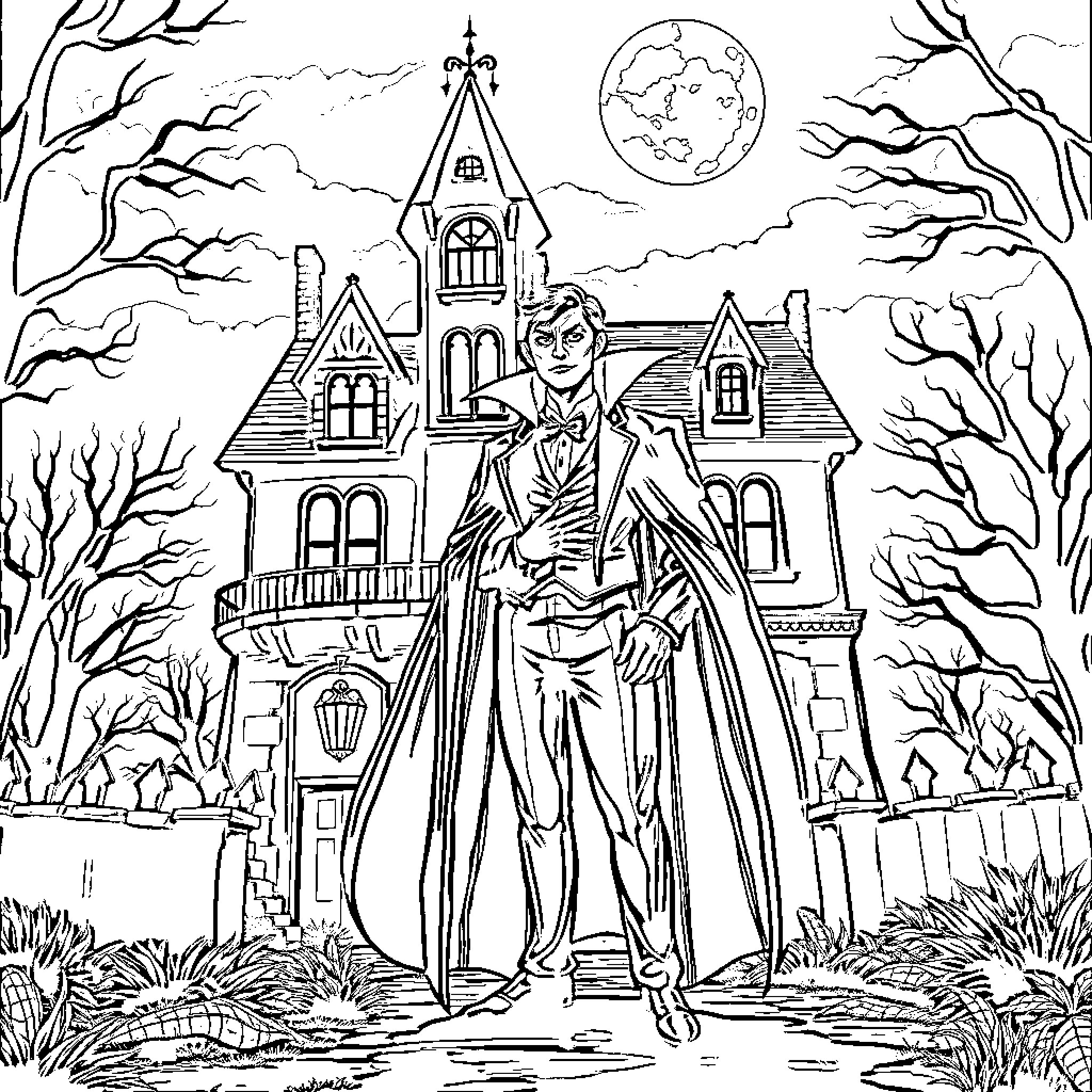 Dracula in front of his haunted mansion Coloring Page (free black-and-white line drawing printable PDF for all, from beginners to advanced learners, including children, teens, adults, and seniors)