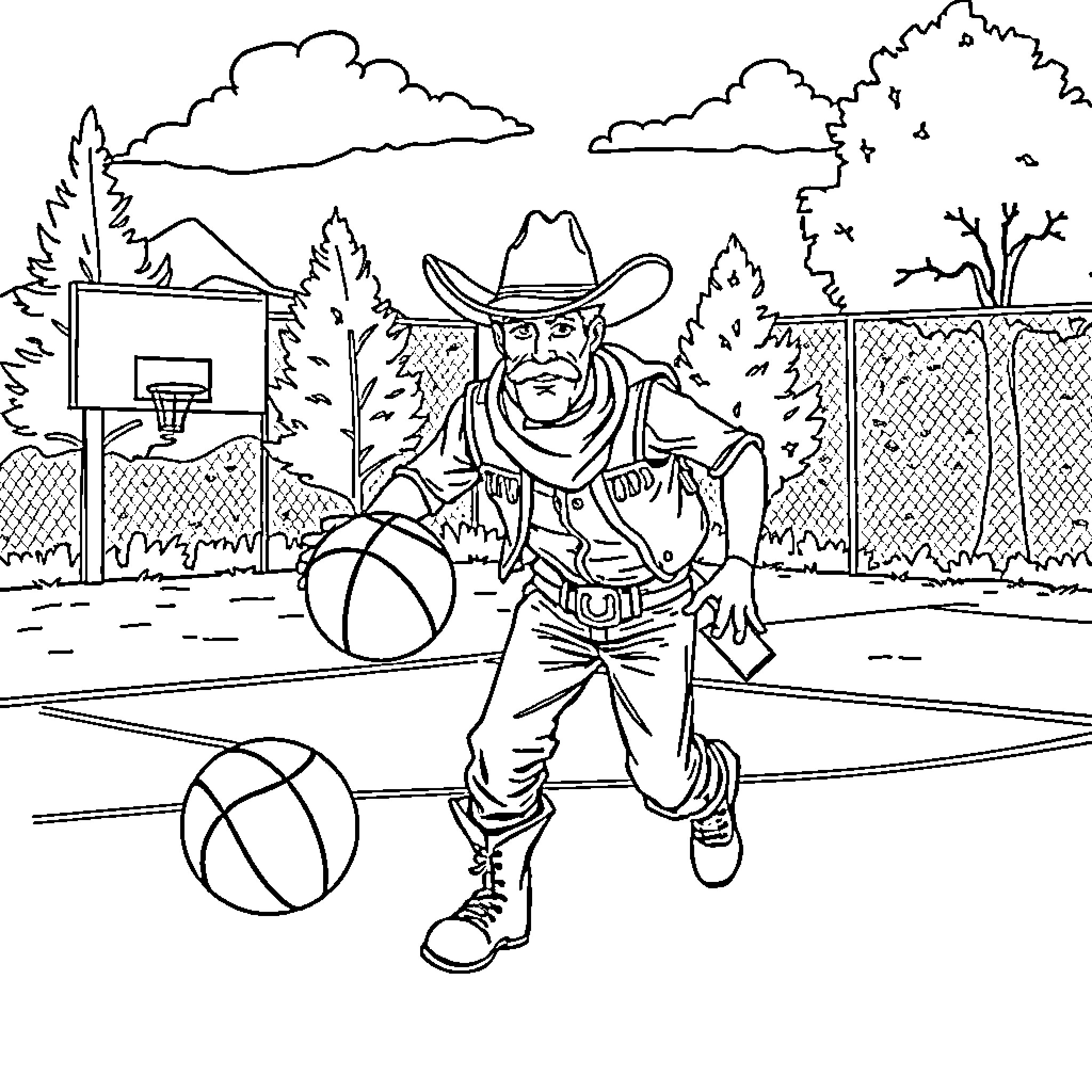 Cowboy playing basketball outdoors on court Coloring Page (free black-and-white line drawing printable PDF for all, from beginners to advanced learners, including children, teens, adults, and seniors)