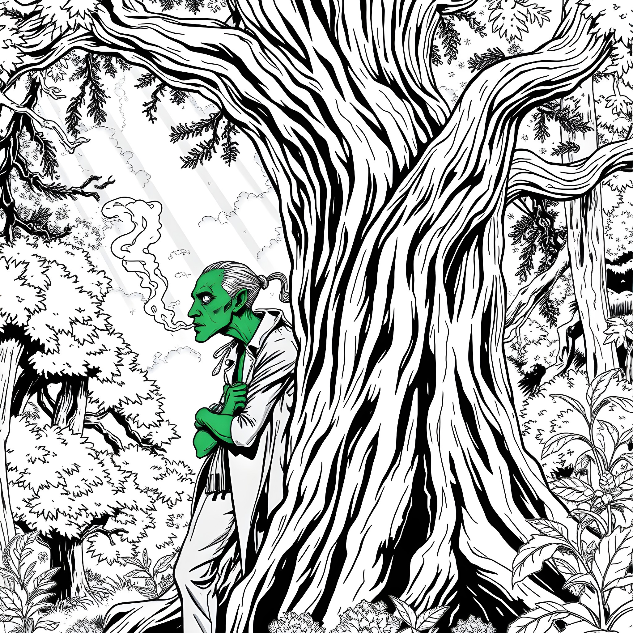 Guy Admiring the Twisted Tree in the Forest Coloring Page (free black-and-white line drawing printable PDF for all, from beginners to advanced learners, including children, teens, adults, and seniors)