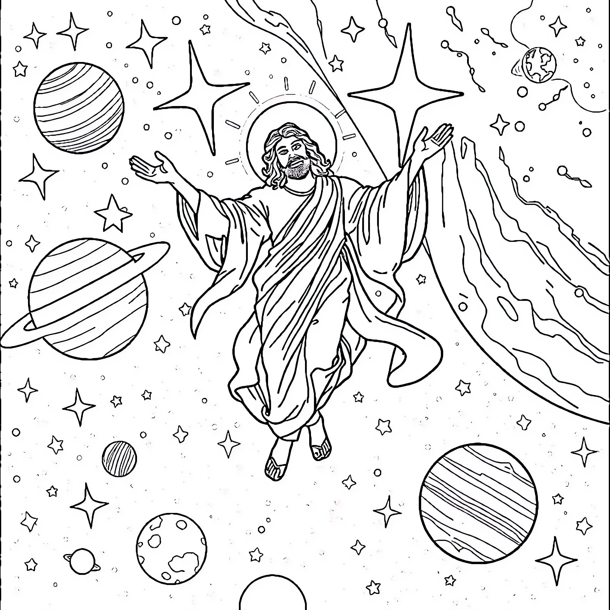 Jesus among the stars and planets Coloring Page (free black-and-white line drawing printable PDF for all, from beginners to advanced learners, including children, teens, adults, and seniors)