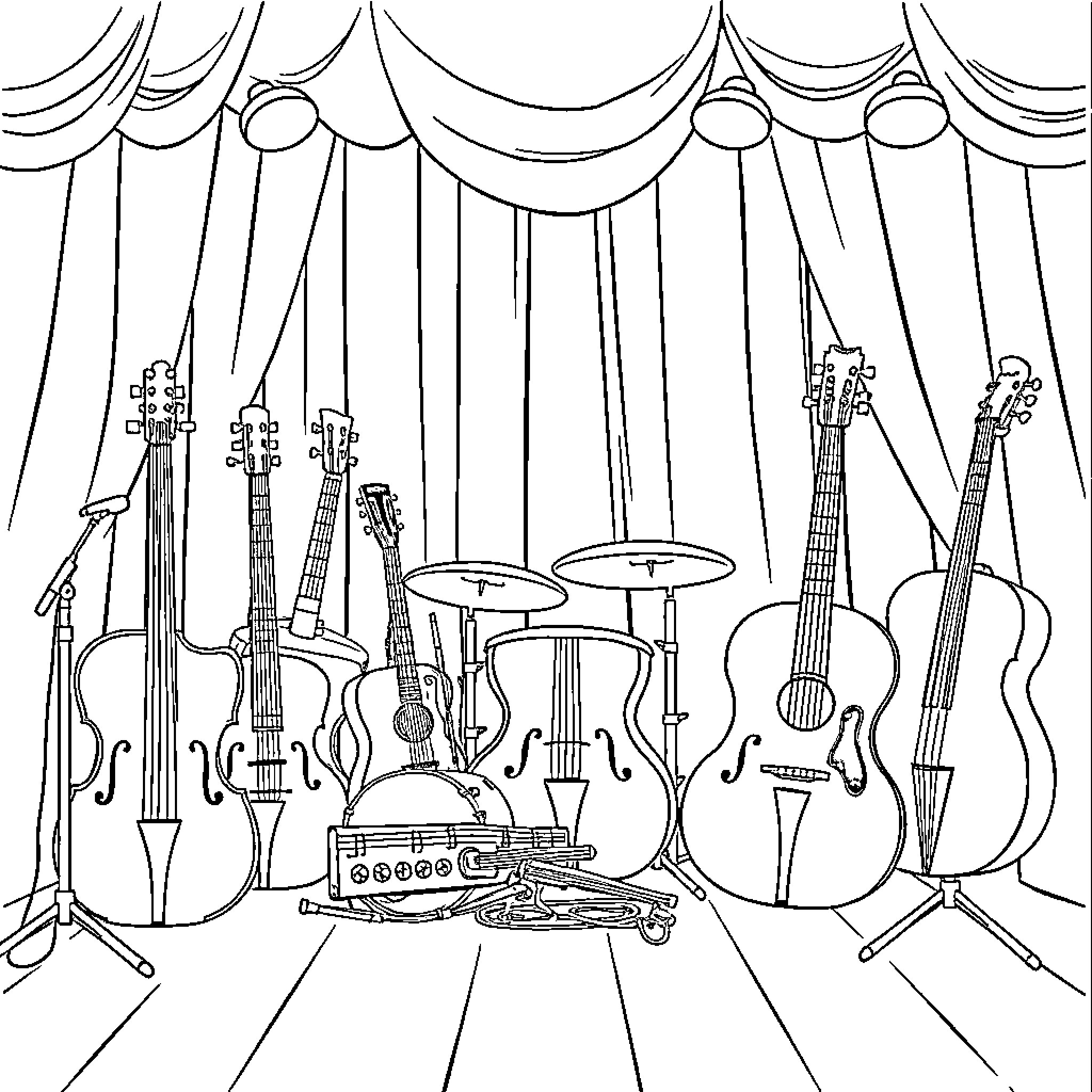 Musical Instrument Stage Arrangement Coloring Page (free black-and-white line drawing printable PDF for all, from beginners to advanced learners, including children, teens, adults, and seniors)
