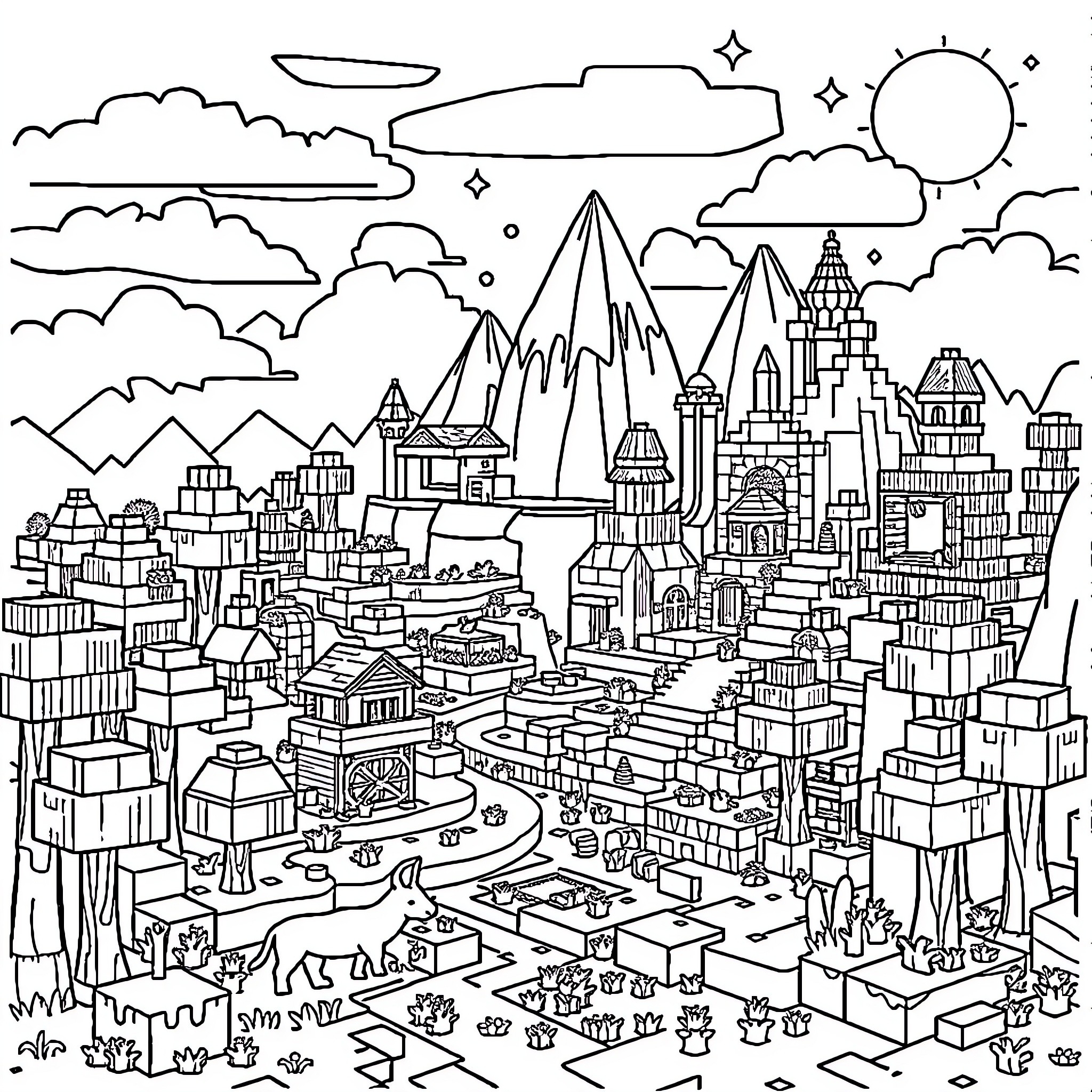 Minecraft Fantastical Cityscape with Mountains and Clouds Coloring Page (free black-and-white line drawing printable PDF for all, from beginners to advanced learners, including children, teens, adults, and seniors)