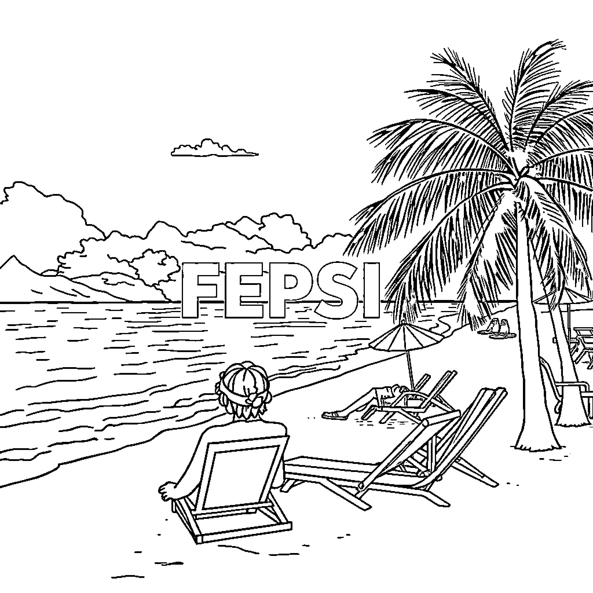 Logo of Pepsi at a tropical beach scene Coloring Page (free black-and-white line drawing printable PDF for all, from beginners to advanced learners, including children, teens, adults, and seniors)