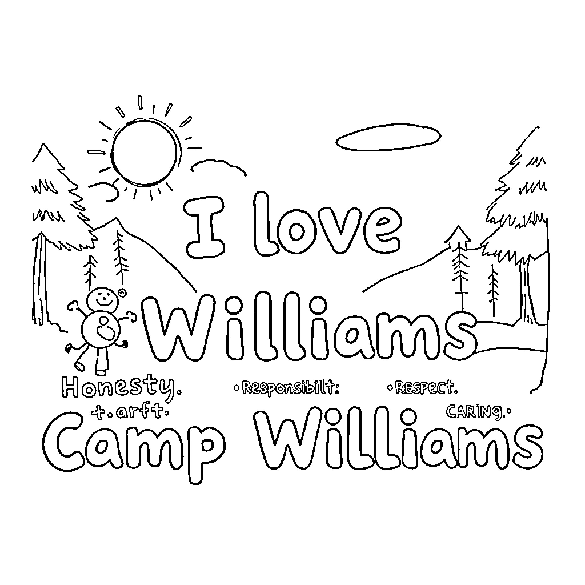 Camp with Messages of Love, Honesty, and Respect Coloring Page (free black-and-white line drawing printable PDF for all, from beginners to advanced learners, including children, teens, adults, and seniors)