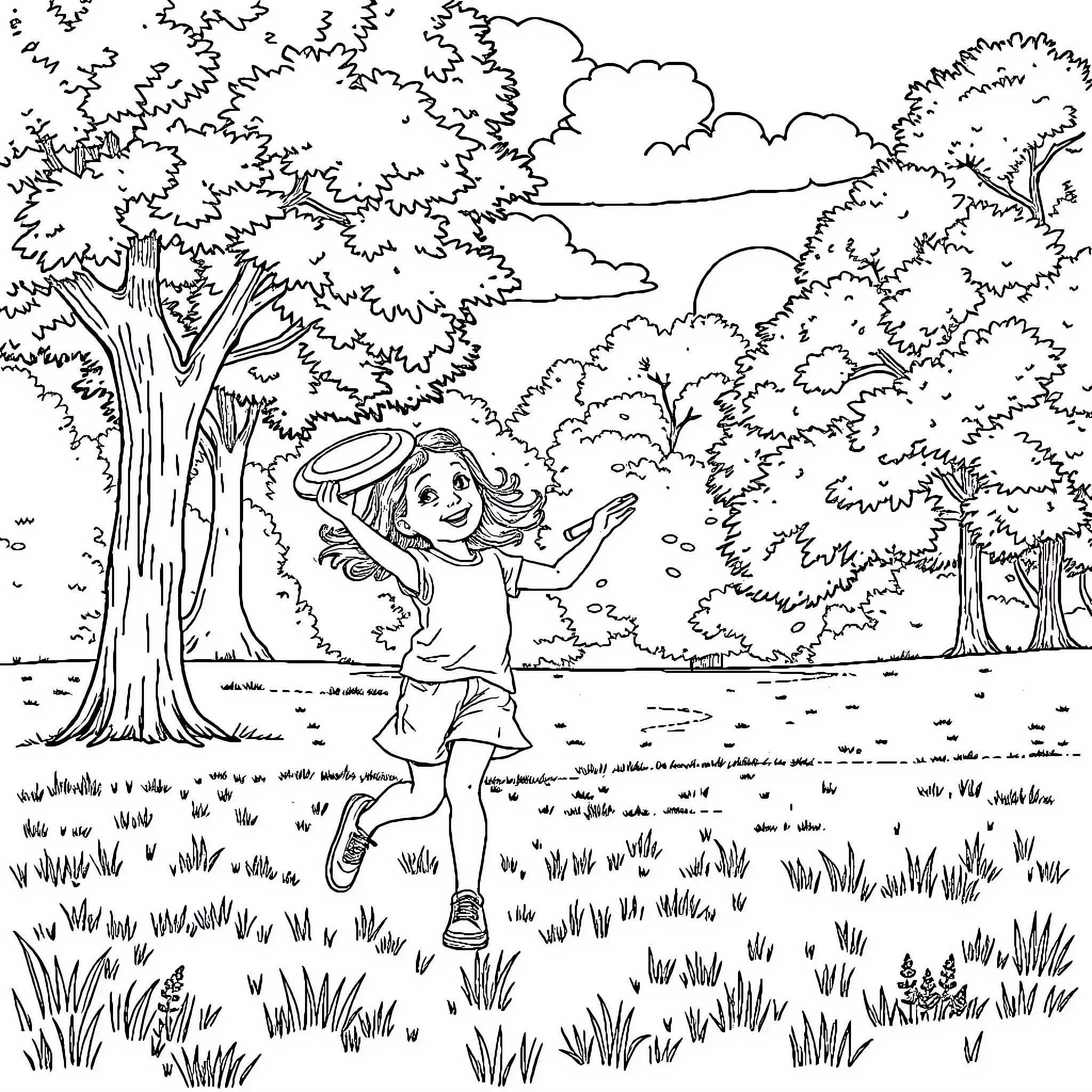 Yorkshire girl joyfully frolics in a serene woodland Coloring Page (free black-and-white line drawing printable PDF for all, from beginners to advanced learners, including children, teens, adults, and seniors)