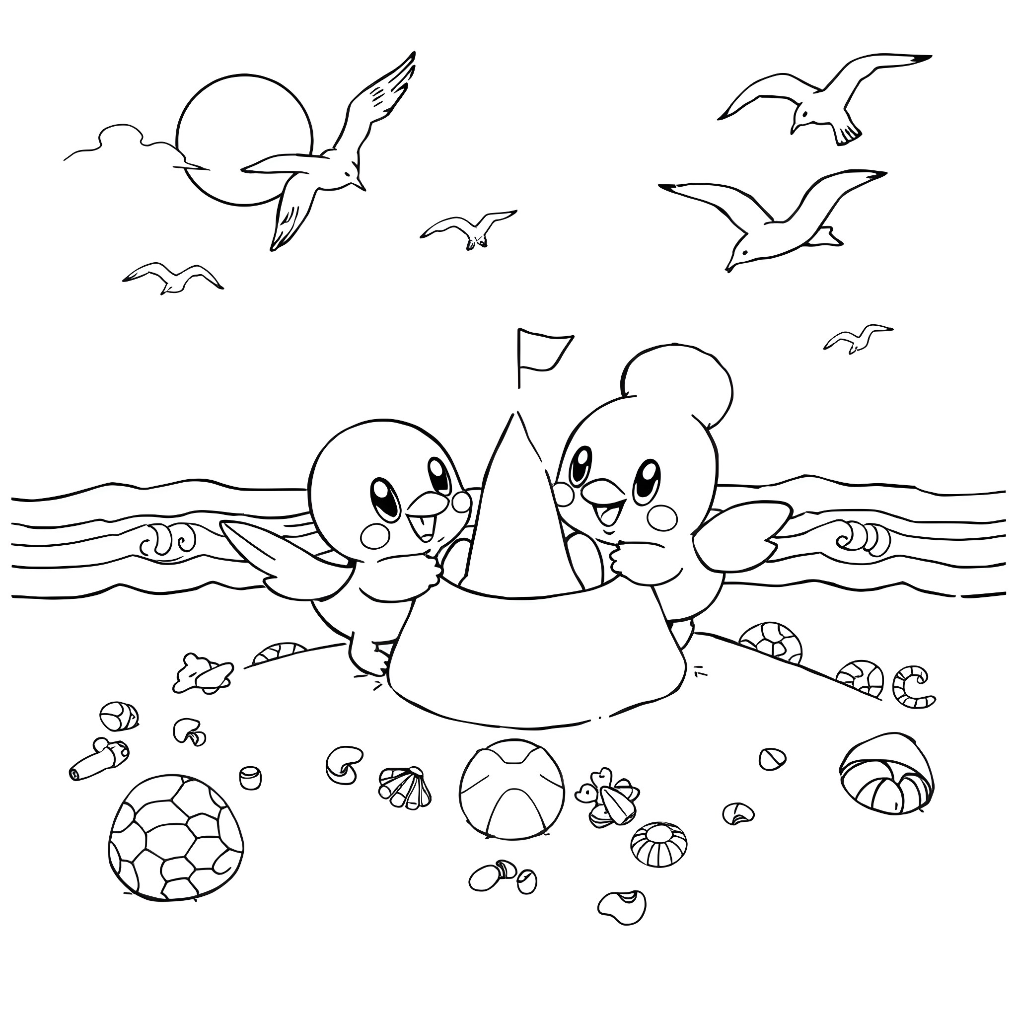 Piplup playing happily at the beach with friends Coloring Page (free black-and-white line drawing printable PDF for all, from beginners to advanced learners, including children, teens, adults, and seniors)