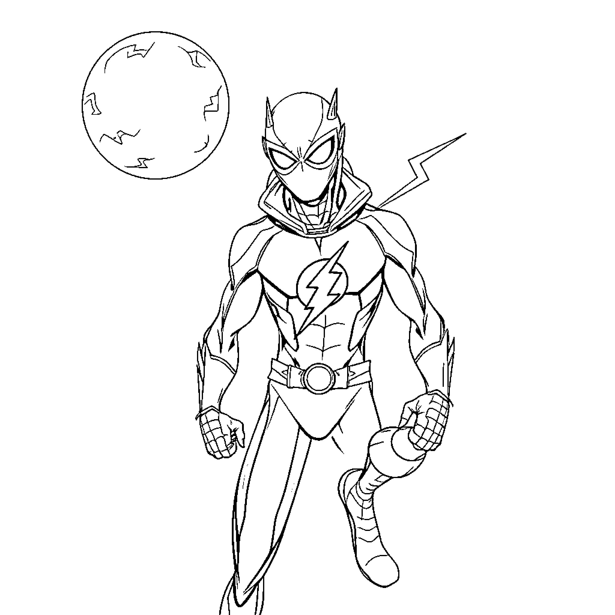 Spiderman hero in action with lightning bolt symbol Coloring Page (free black-and-white line drawing printable PDF for all, from beginners to advanced learners, including children, teens, adults, and seniors)