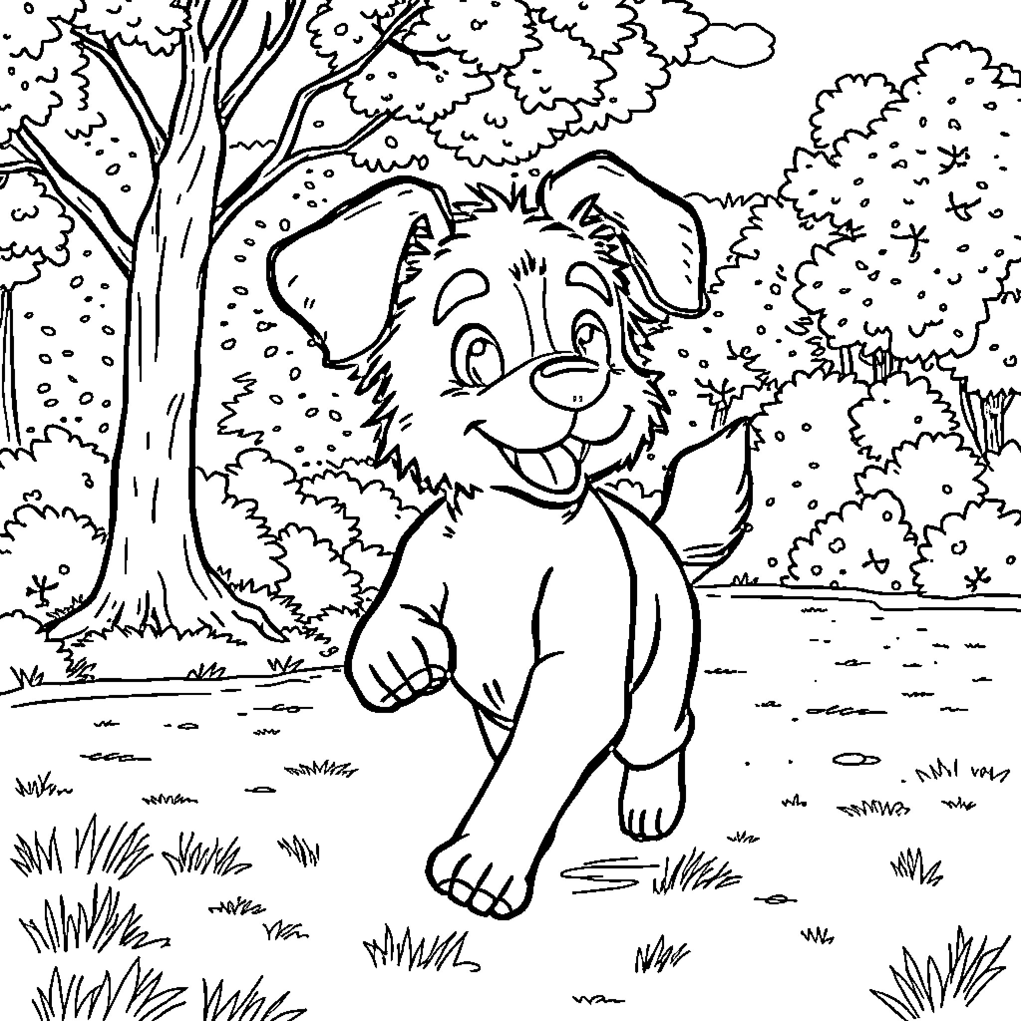 Dogboy exploring the enchanting forest Coloring Page (free black-and-white line drawing printable PDF for all, from beginners to advanced learners, including children, teens, adults, and seniors)
