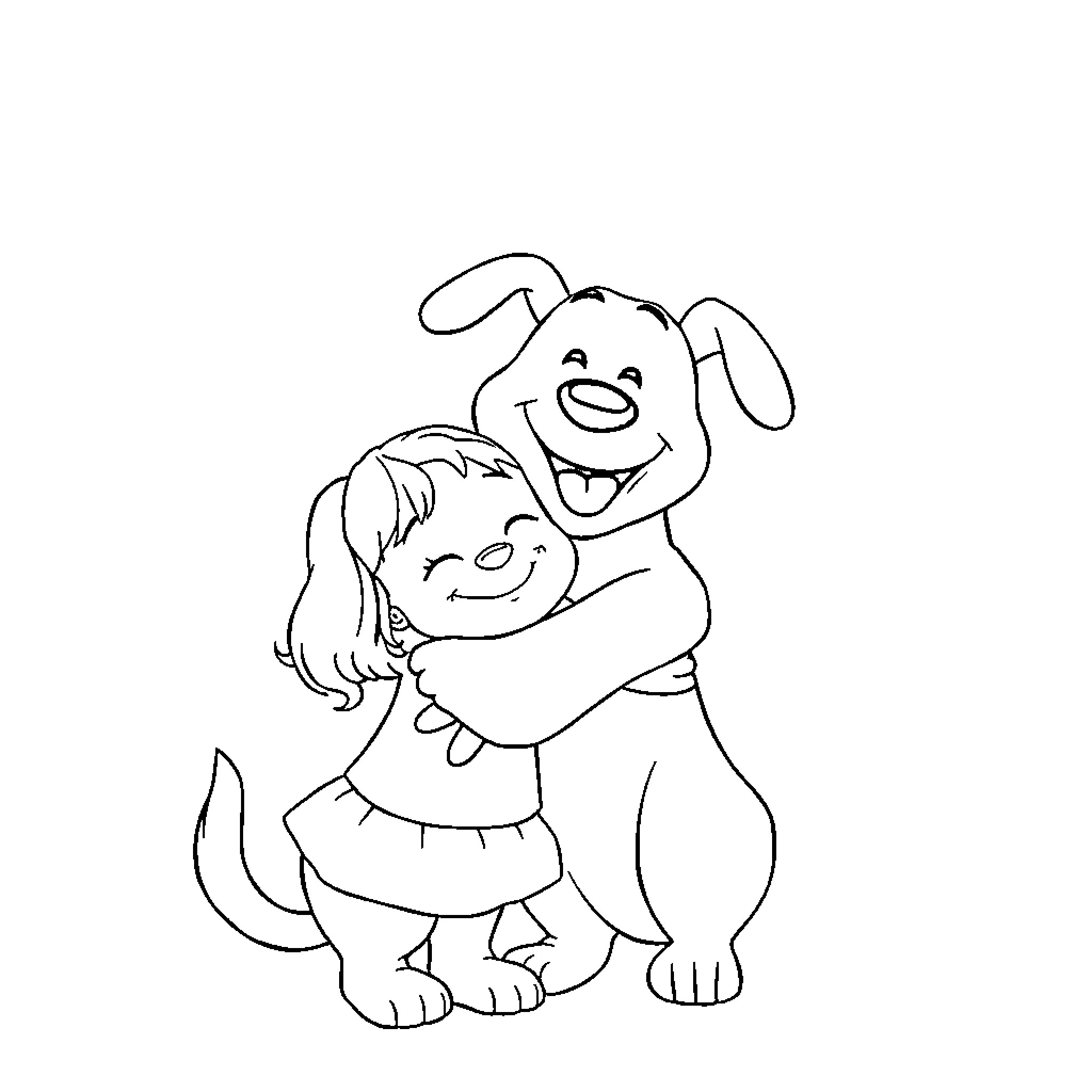 Dog joyfully hugging a happy girl Coloring Page (free black-and-white line drawing printable PDF for all, from beginners to advanced learners, including children, teens, adults, and seniors)