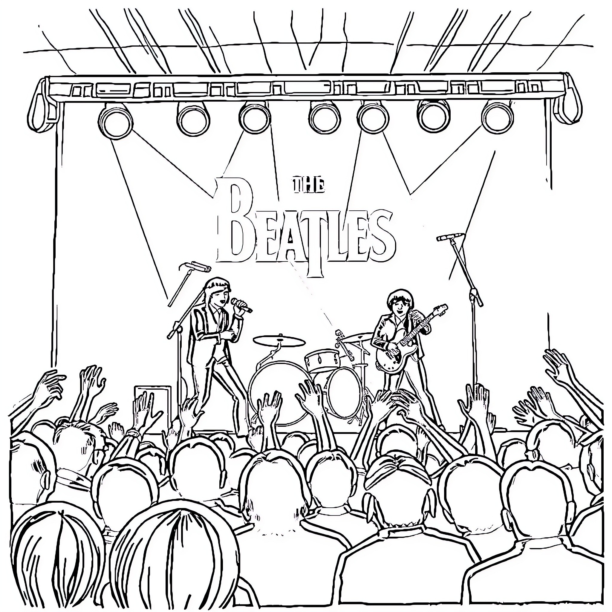 Beatles performing on stage with crowd Coloring Page (free black-and-white line drawing printable PDF for all, from beginners to advanced learners, including children, teens, adults, and seniors)