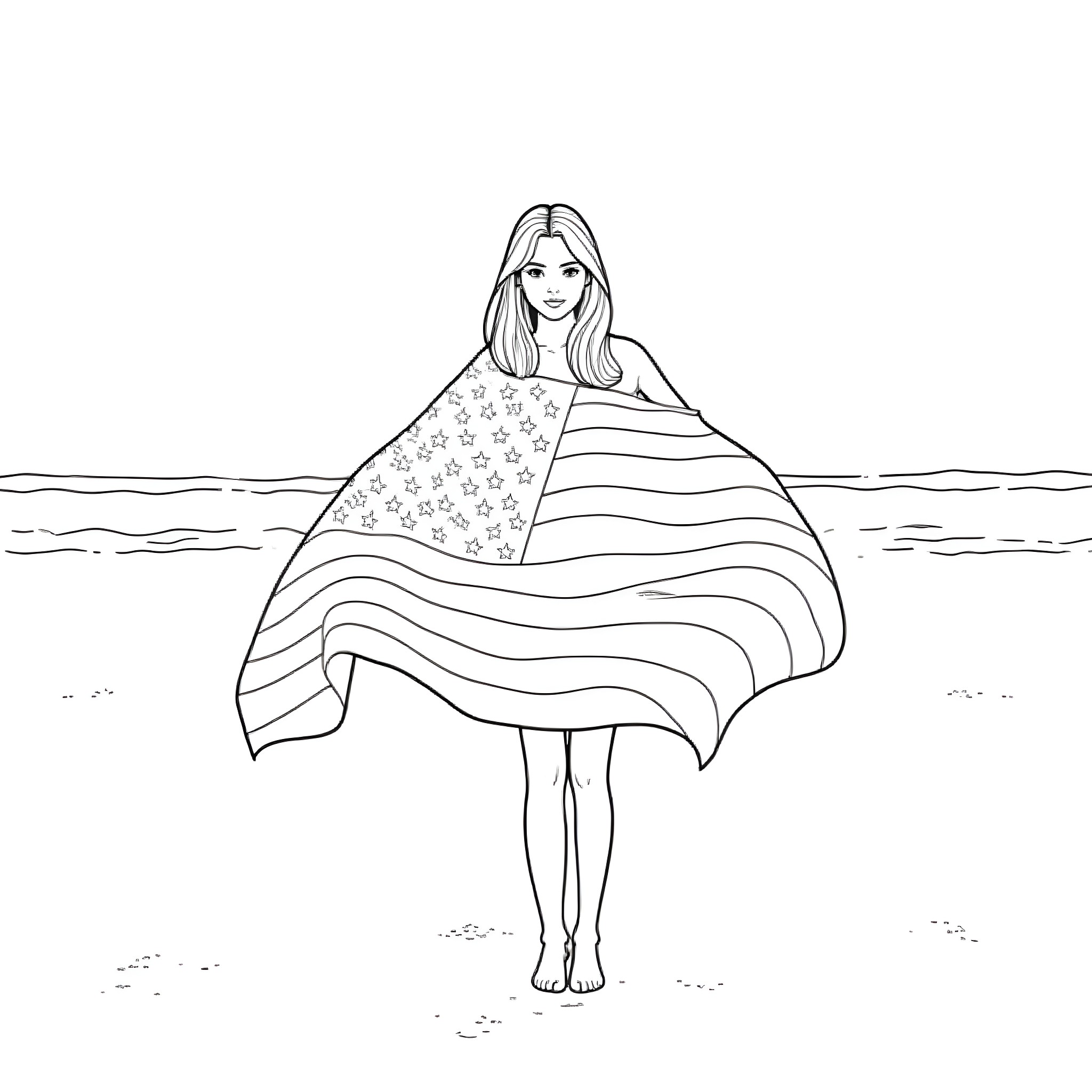 Girl standing on the beach wrapped in a flag-patterned blanket Coloring Page (free black-and-white line drawing printable PDF for all, from beginners to advanced learners, including children, teens, adults, and seniors)