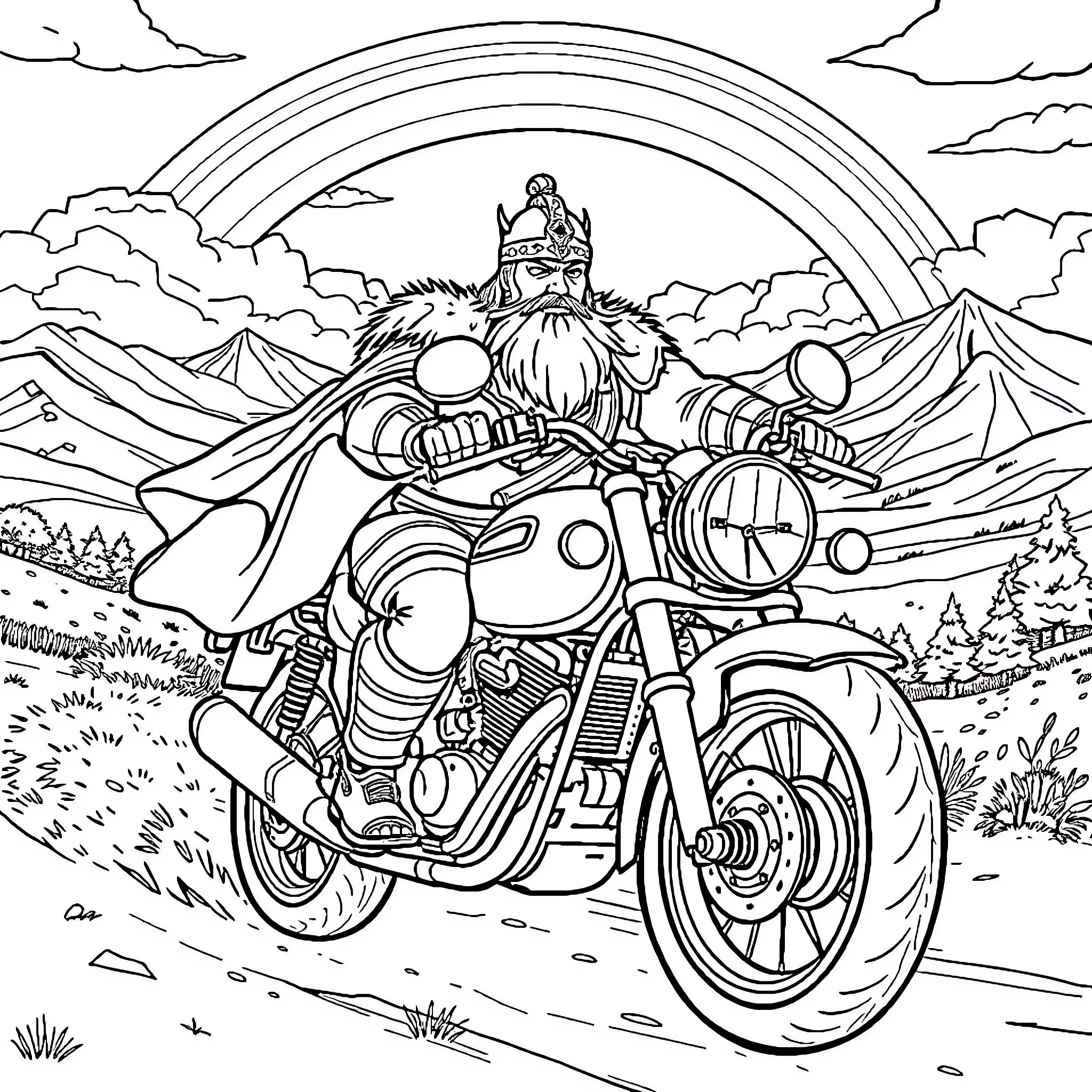 Genghis Khan riding a motorcycle on the open road Coloring Page (free black-and-white line drawing printable PDF for all, from beginners to advanced learners, including children, teens, adults, and seniors)