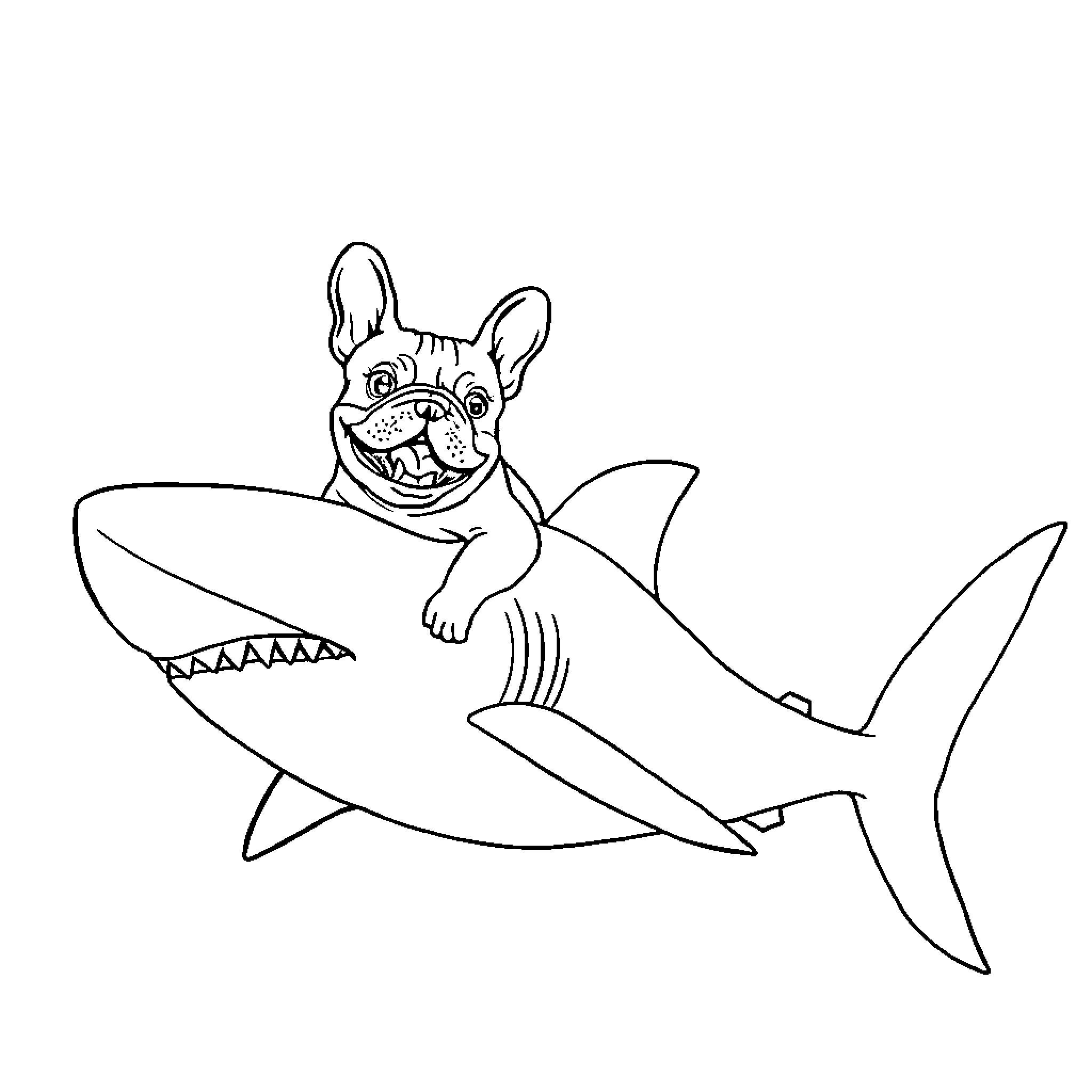French Bulldog riding a shark Coloring Page (free black-and-white line drawing printable PDF for all, from beginners to advanced learners, including children, teens, adults, and seniors)