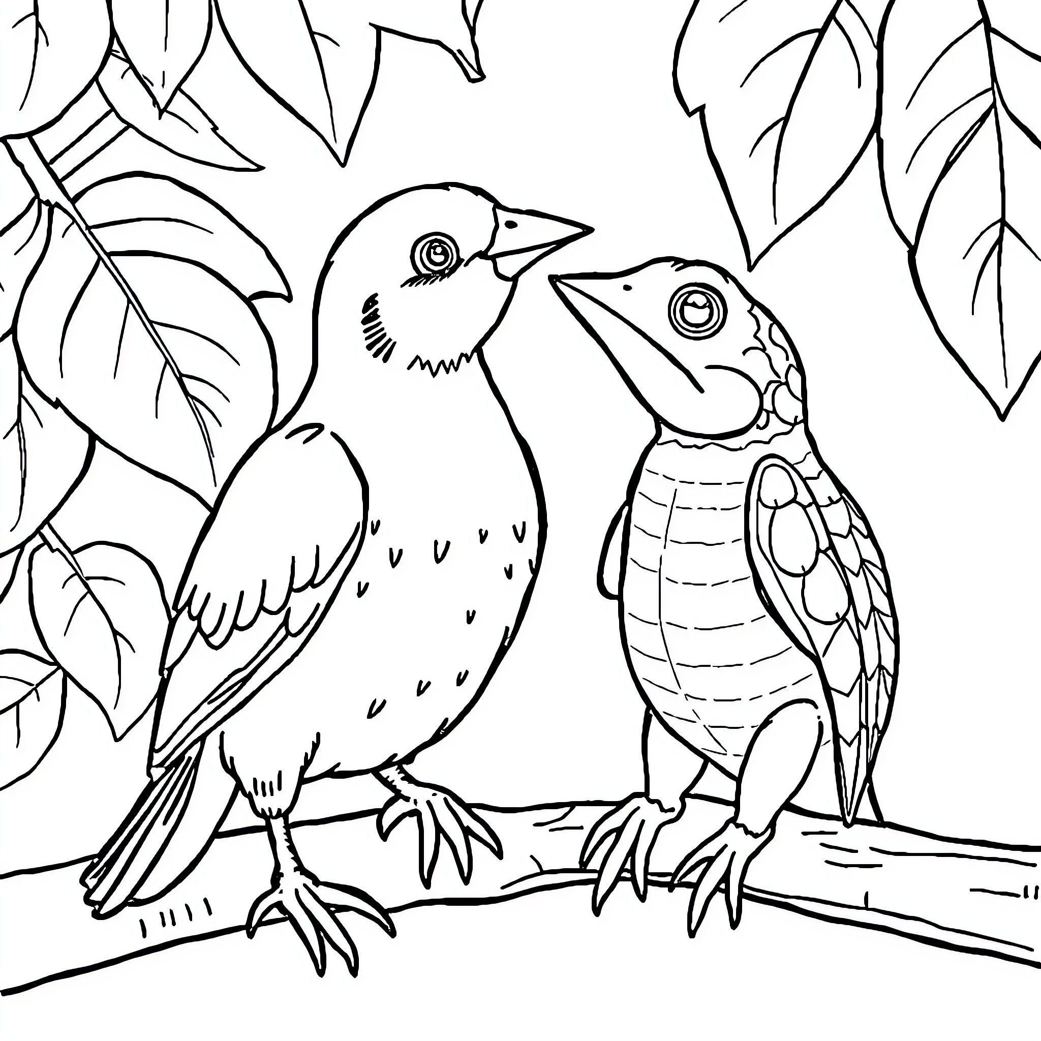 Ducks perched on branch in lush foliage Coloring Page (free black-and-white line drawing printable PDF for all, from beginners to advanced learners, including children, teens, adults, and seniors)