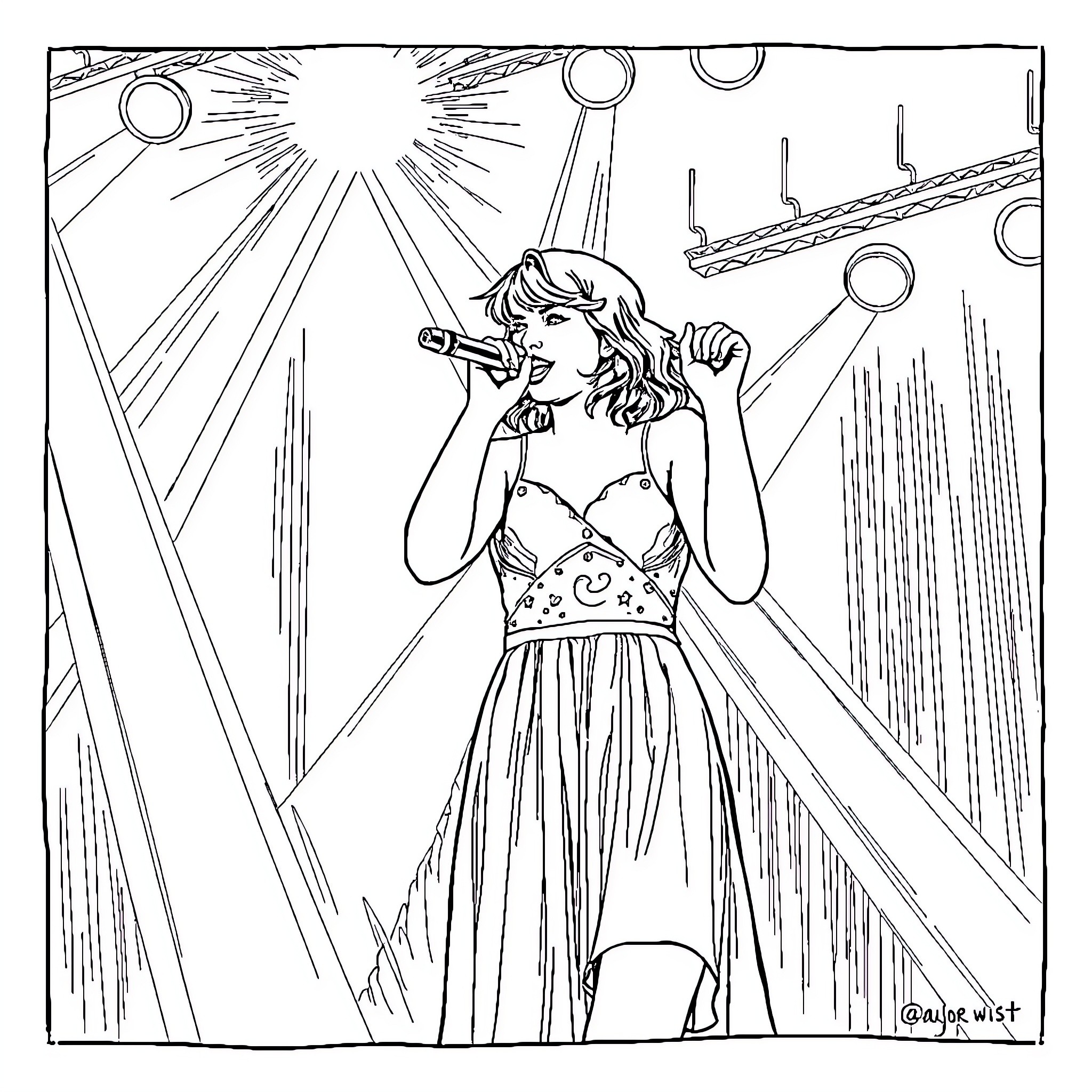 Taylor Swift Performing on Stage with Confidence Coloring Page (free black-and-white line drawing printable PDF for all, from beginners to advanced learners, including children, teens, adults, and seniors)