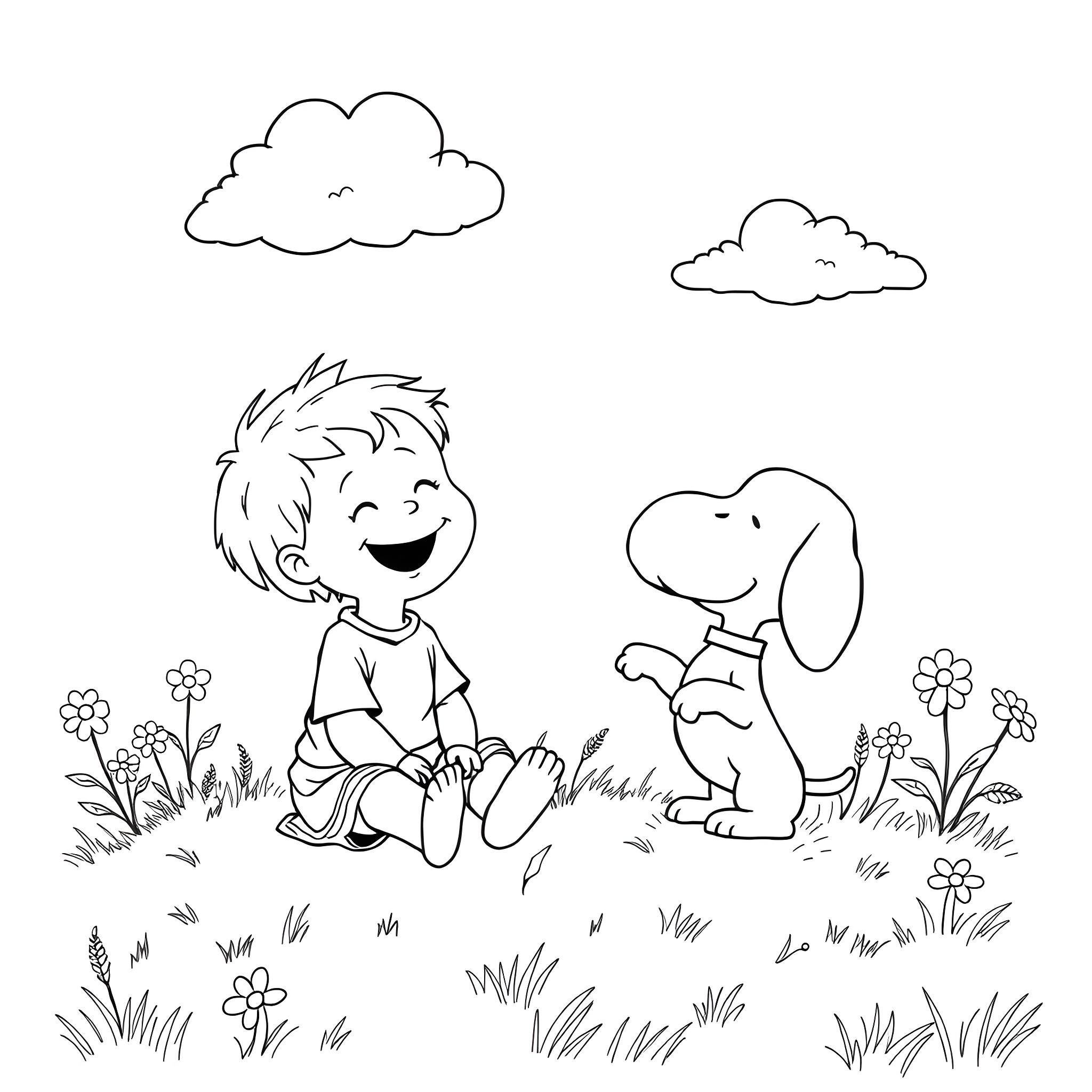 Child playing happily with dog in the park Coloring Page (free black-and-white line drawing printable PDF for all, from beginners to advanced learners, including children, teens, adults, and seniors)