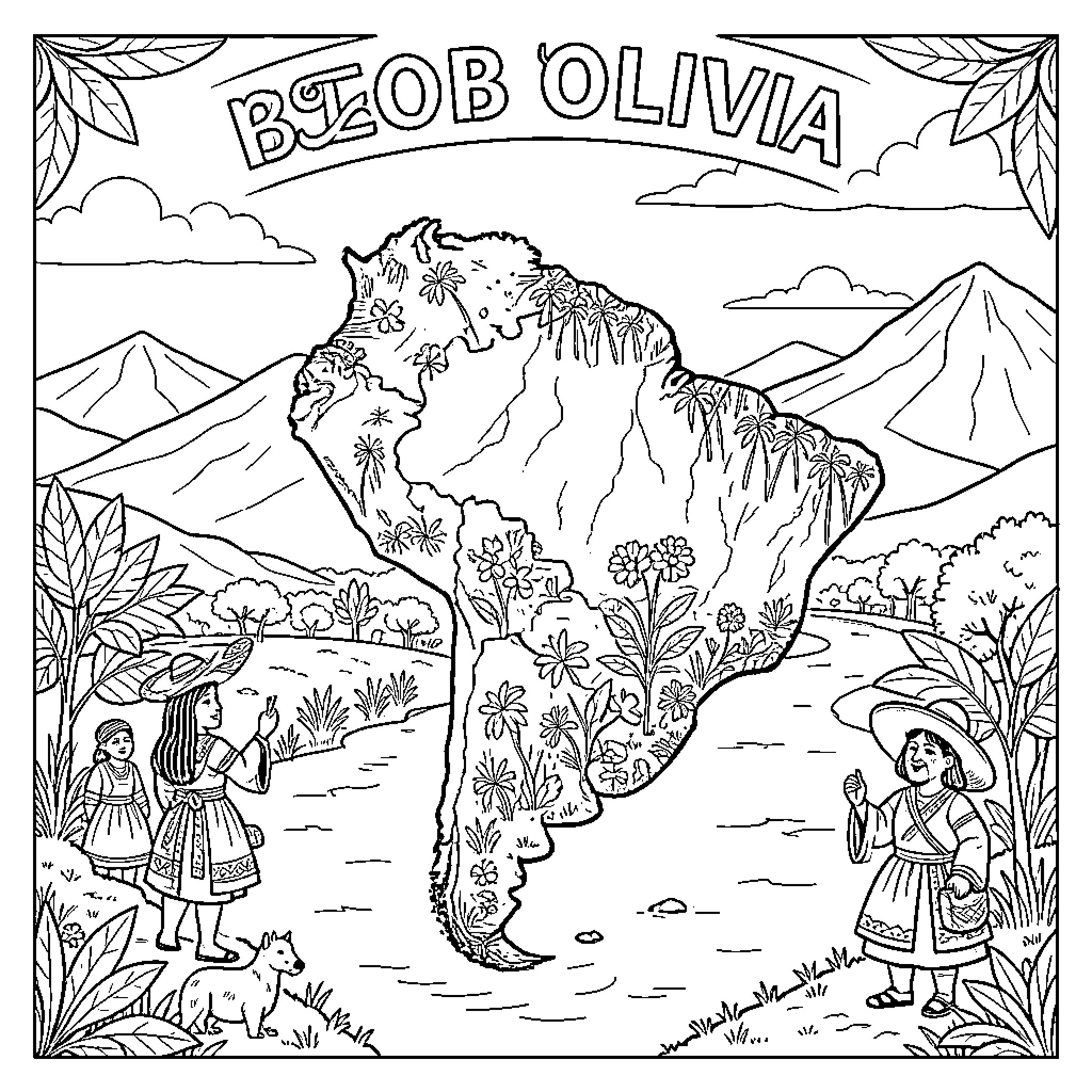 Bolivia: Vibrant Landscape with Traditional Attire Coloring Page (free black-and-white line drawing printable PDF for all, from beginners to advanced learners, including children, teens, adults, and seniors)