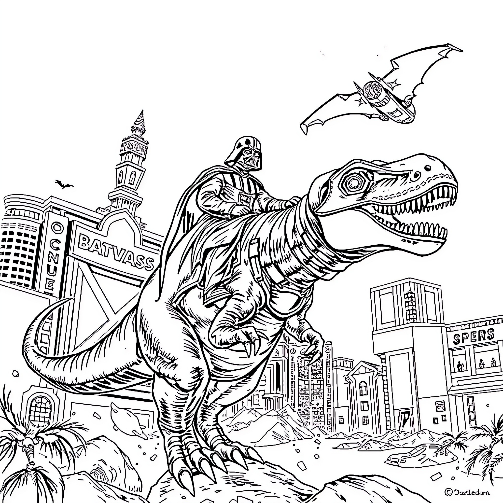 Darth Vader riding a dinosaur-like creature in a futuristic city Coloring Page (free black-and-white line drawing printable PDF for all, from beginners to advanced learners, including children, teens, adults, and seniors)
