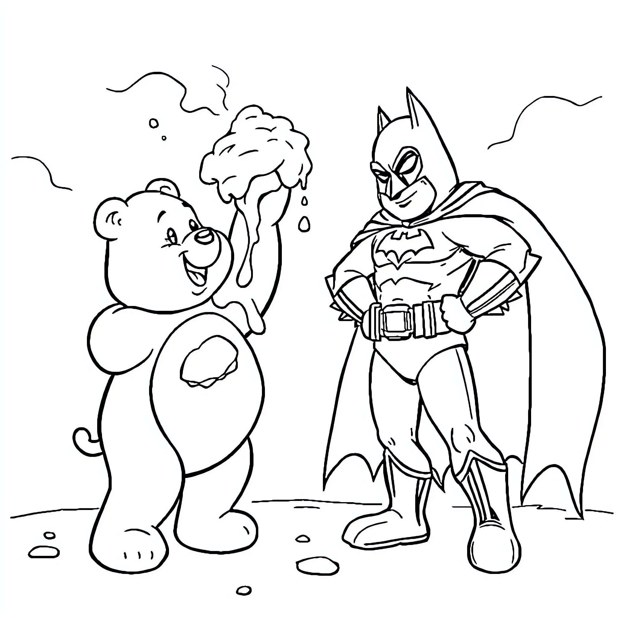 Care Bear meets Batman in the city Coloring Page (free black-and-white line drawing printable PDF for all, from beginners to advanced learners, including children, teens, adults, and seniors)