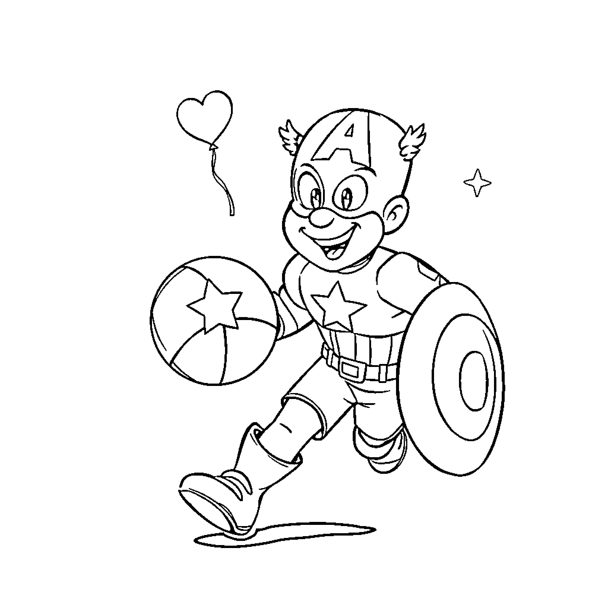 Captain America Cartoon Character Playfully Posing Coloring Page (free black-and-white line drawing printable PDF for all, from beginners to advanced learners, including children, teens, adults, and seniors)