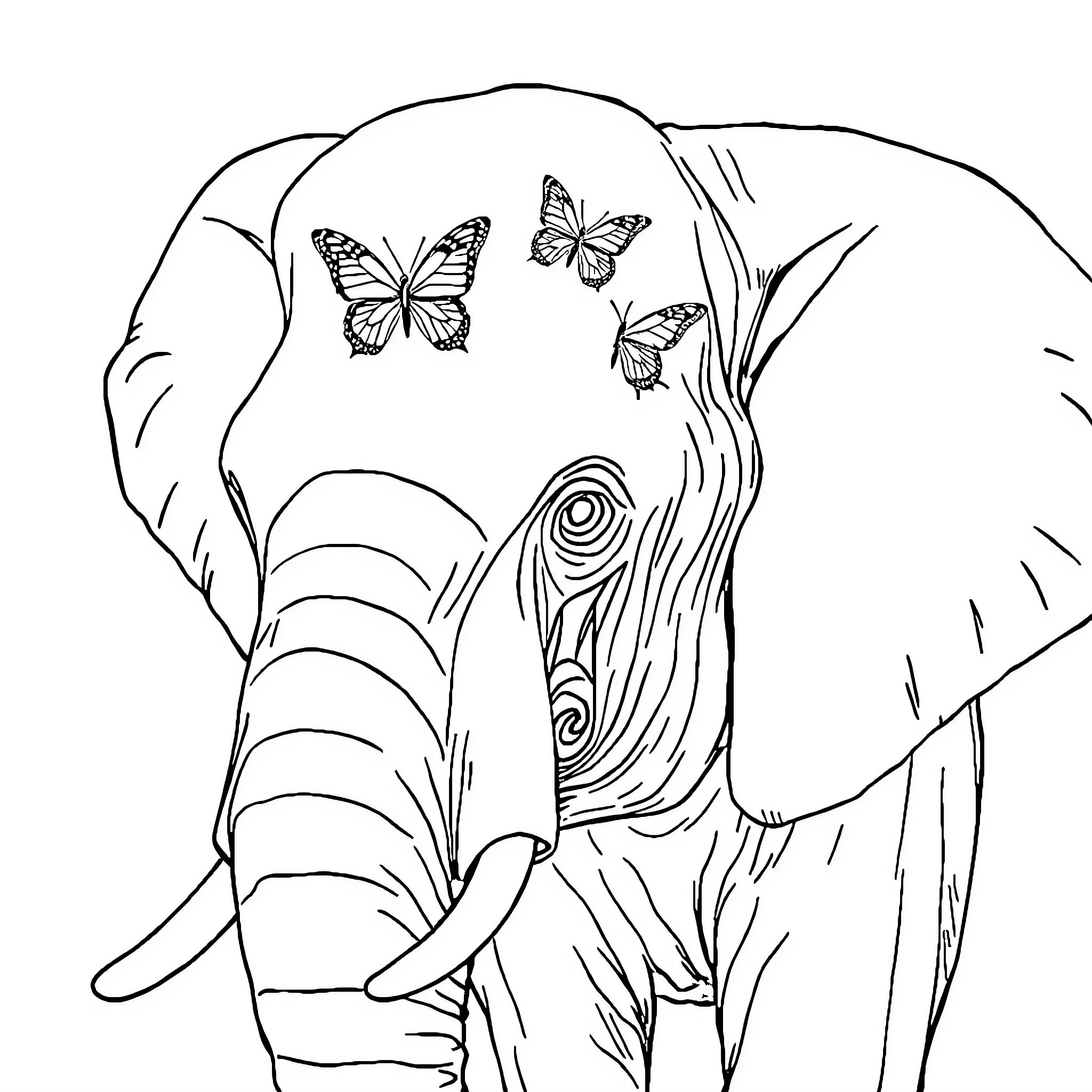 Elephant with Butterflies and Stylized Patterns Coloring Page (free black-and-white line drawing printable PDF for all, from beginners to advanced learners, including children, teens, adults, and seniors)