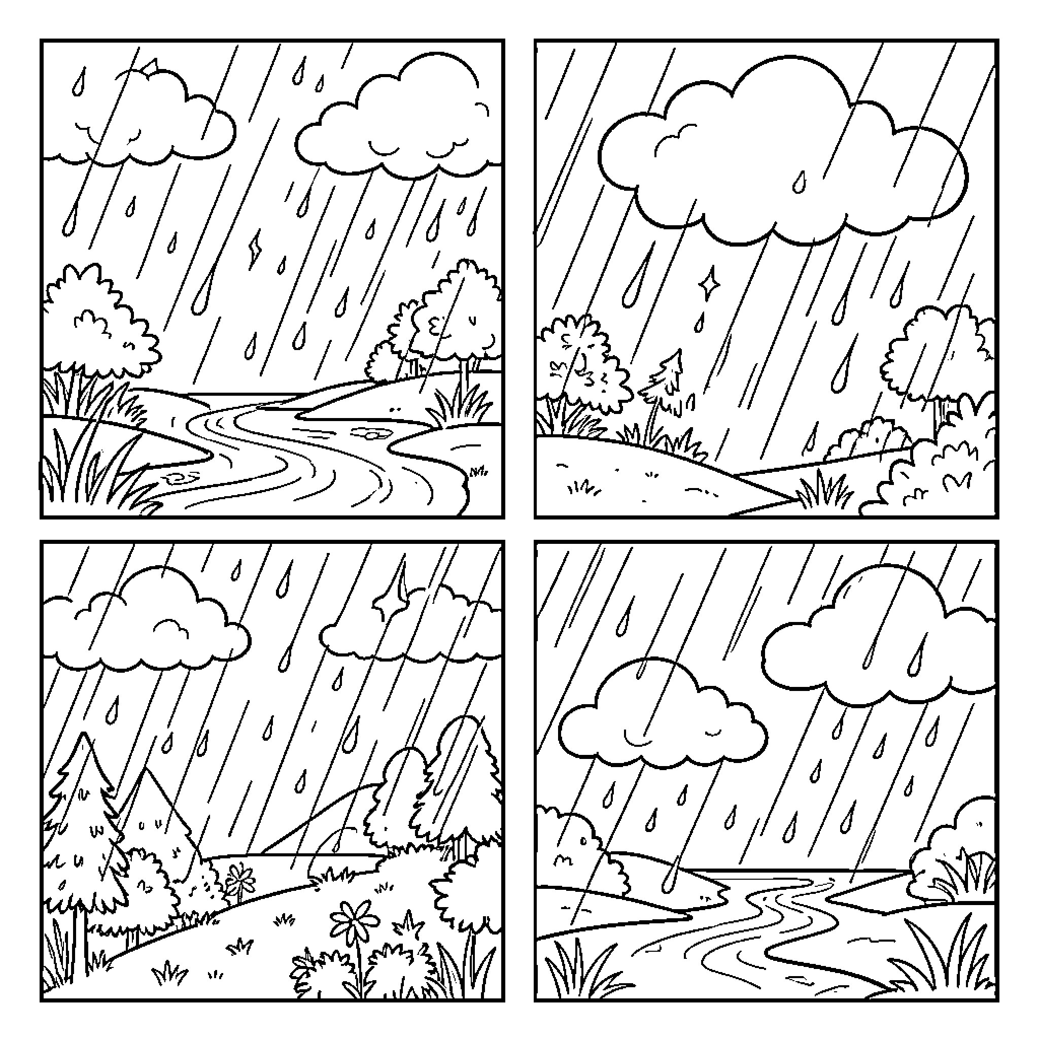 Weather featuring rain falling over various landscape scenes Coloring Page (free black-and-white line drawing printable PDF for all, from beginners to advanced learners, including children, teens, adults, and seniors)