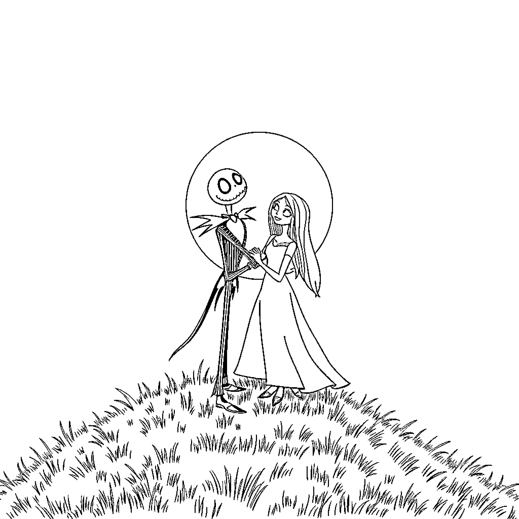 Jack and Sally's Moonlit Stroll Coloring Page (free black-and-white line drawing printable PDF for all, from beginners to advanced learners, including children, teens, adults, and seniors)
