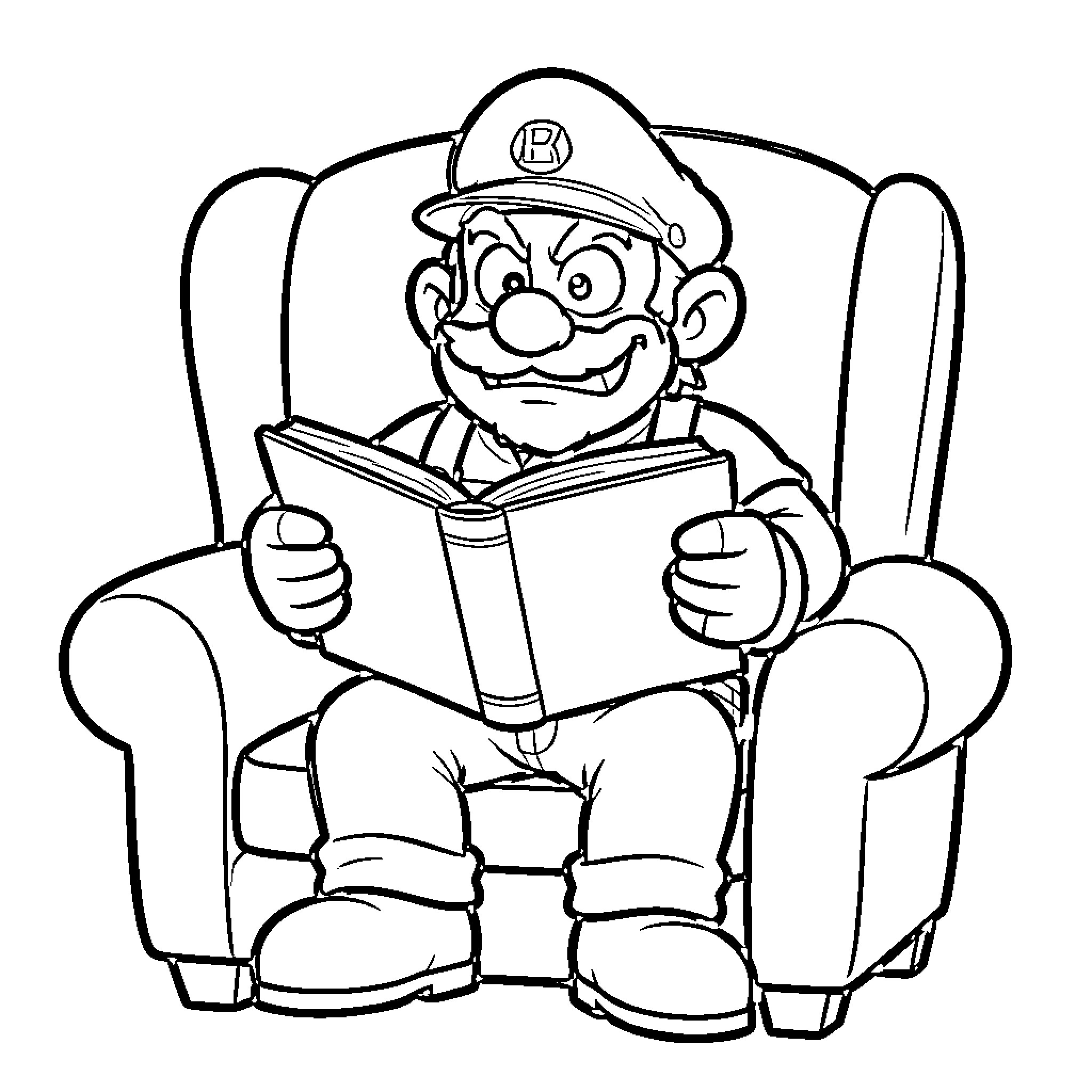 Wario reading a book in an armchair Coloring Page (free black-and-white line drawing printable PDF for all, from beginners to advanced learners, including children, teens, adults, and seniors)
