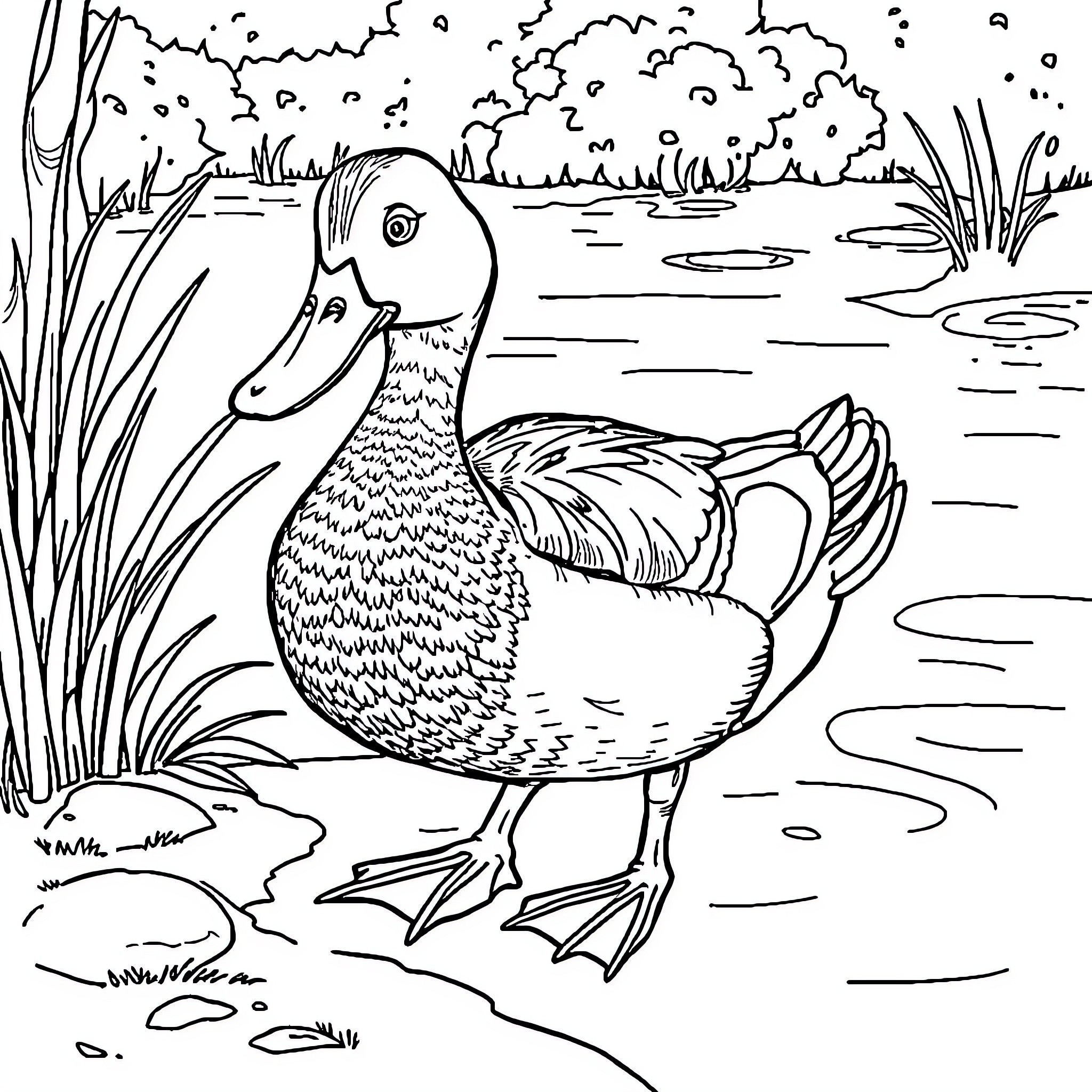 Duck swimming in a peaceful pond Coloring Page (free black-and-white line drawing printable PDF for all, from beginners to advanced learners, including children, teens, adults, and seniors)