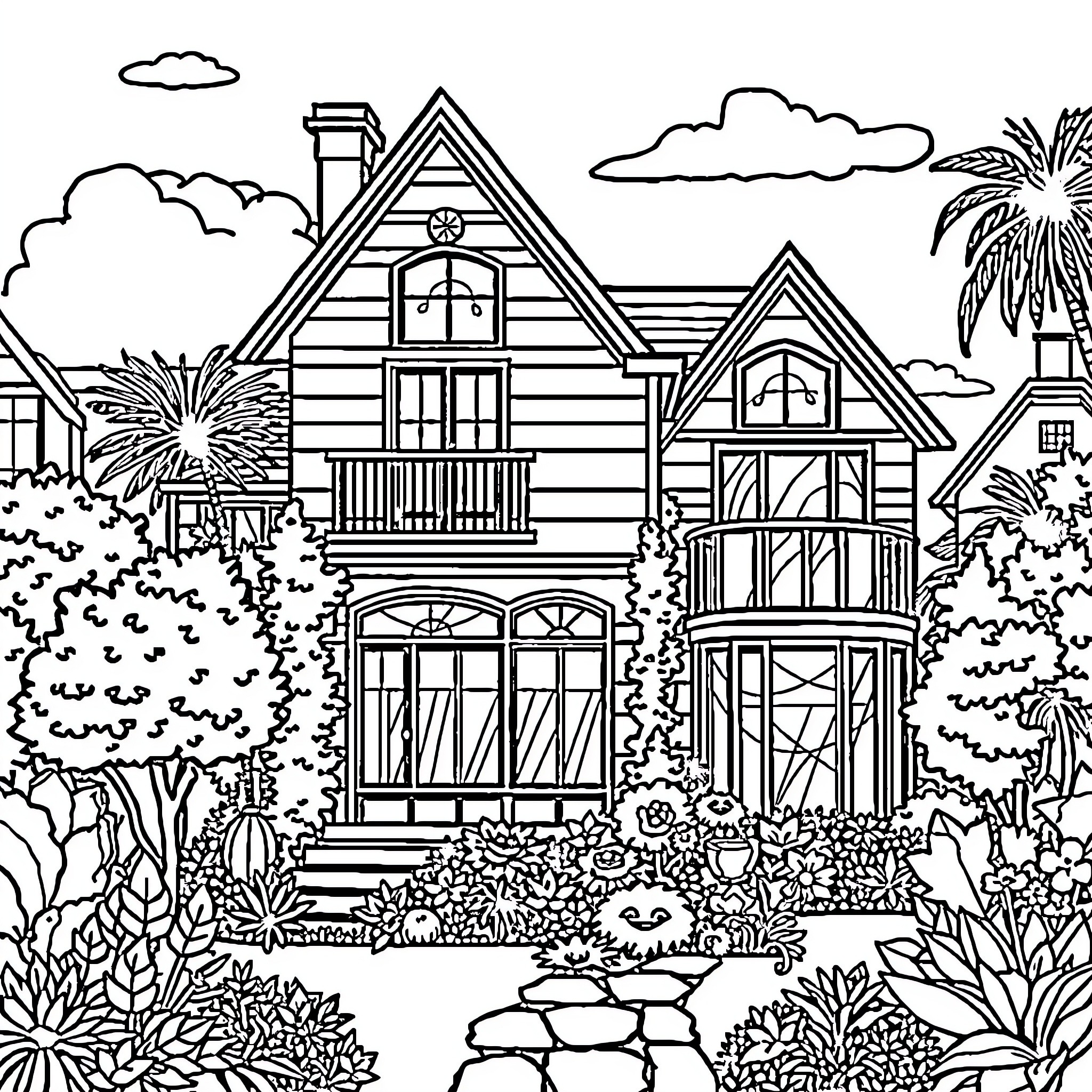 House with unique architectural features and colorful surroundings Coloring Page (free black-and-white line drawing printable PDF for all, from beginners to advanced learners, including children, teens, adults, and seniors)