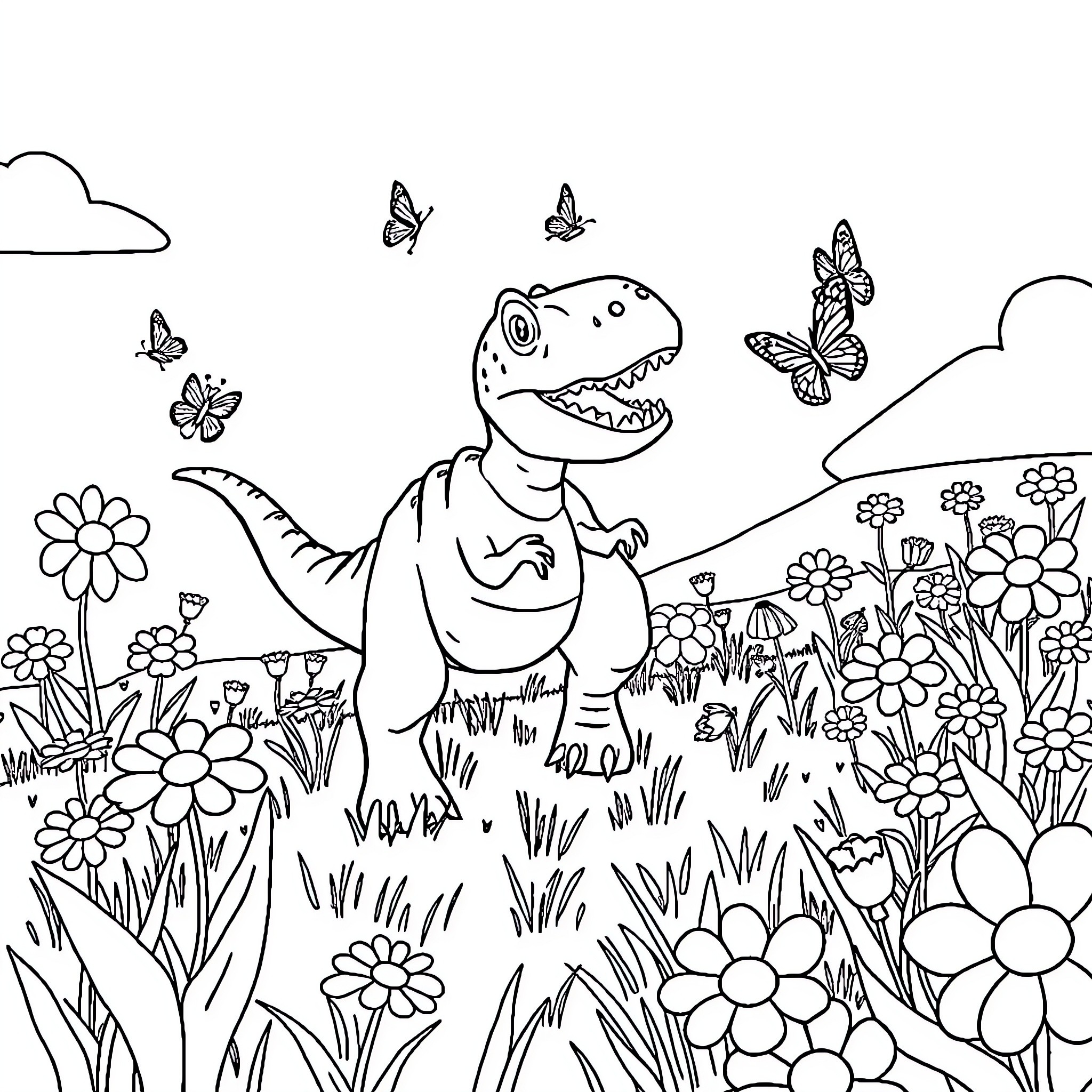 T-Rex exploring a floral meadow with butterflies Coloring Page (free black-and-white line drawing printable PDF for all, from beginners to advanced learners, including children, teens, adults, and seniors)