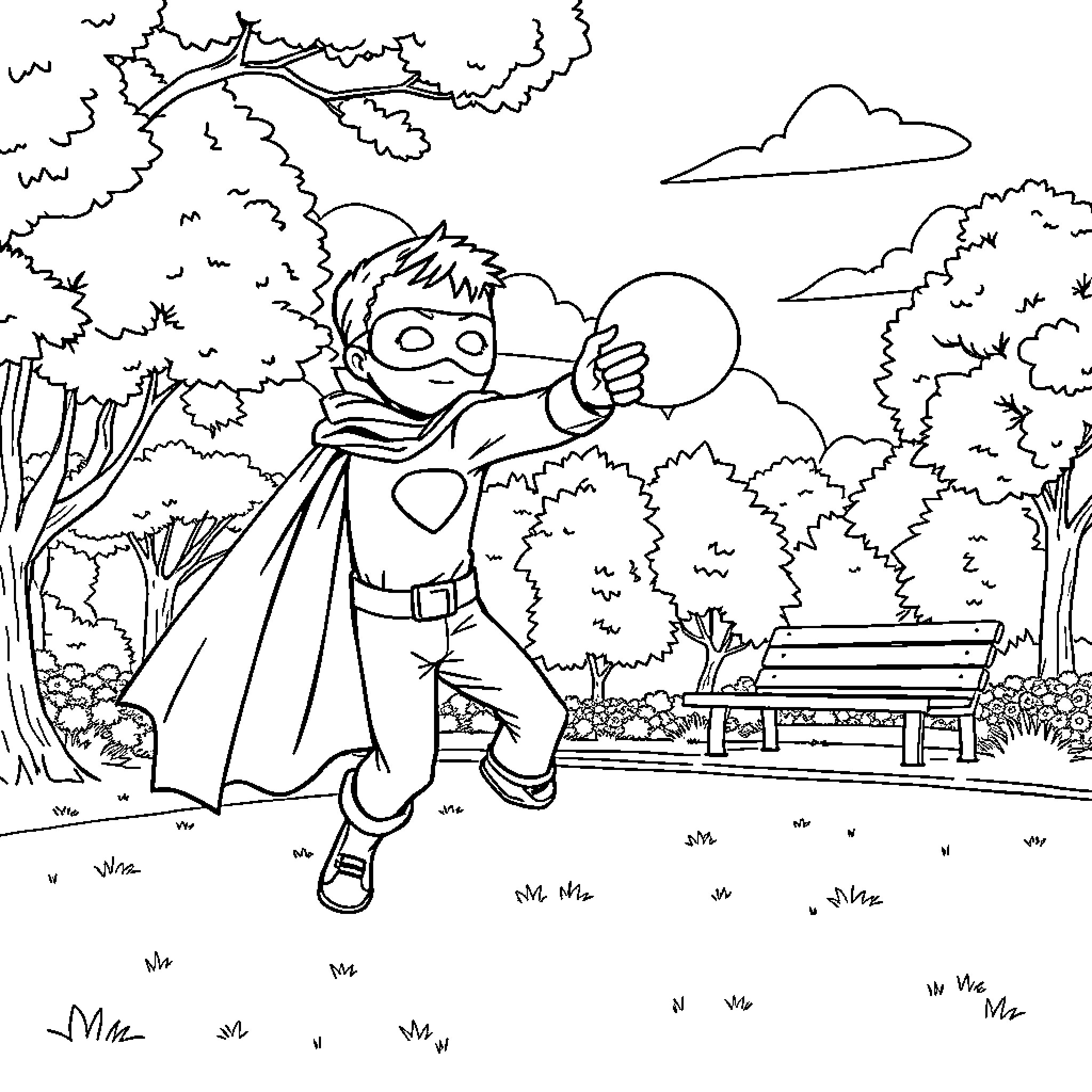Superhero in a park with clouds Coloring Page (free black-and-white line drawing printable PDF for all, from beginners to advanced learners, including children, teens, adults, and seniors)