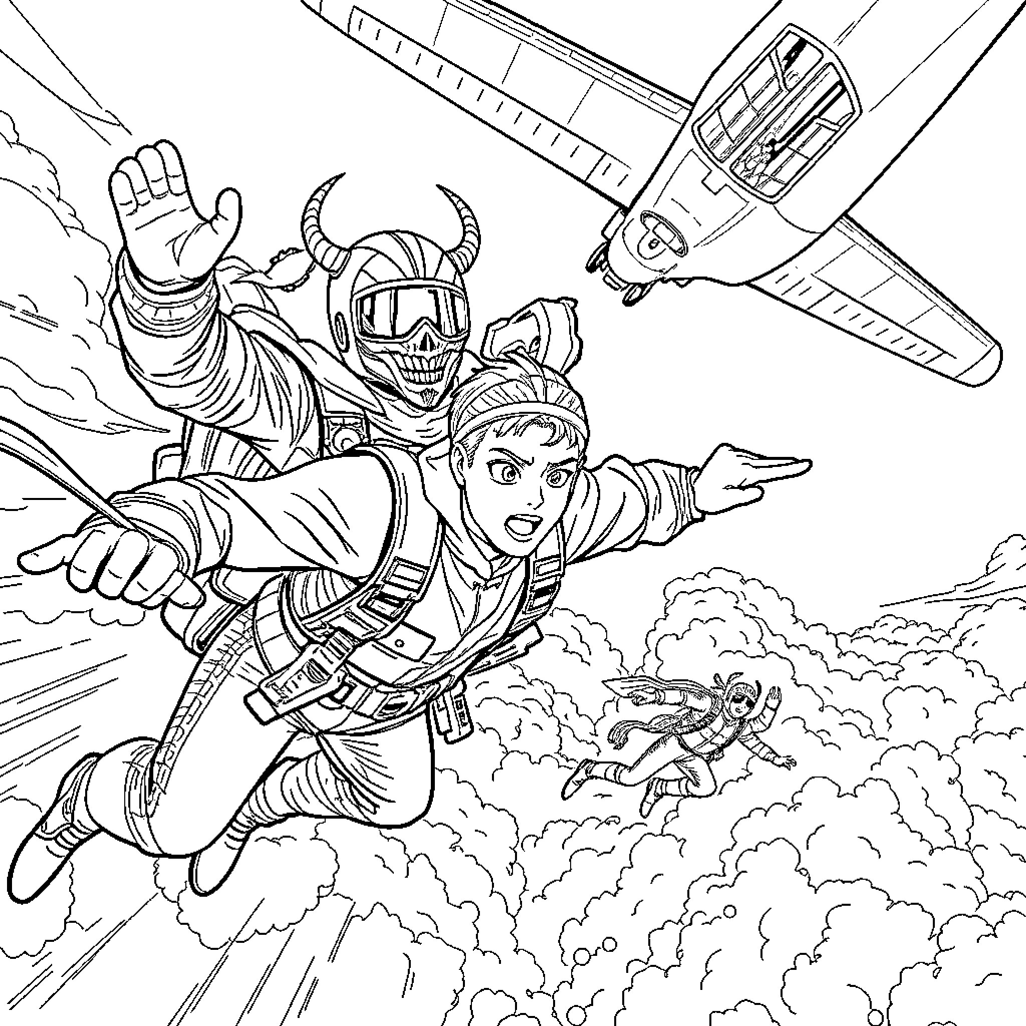 Rumi's Thrilling Skydiving Adventure Coloring Page (free black-and-white line drawing printable PDF for all, from beginners to advanced learners, including children, teens, adults, and seniors)