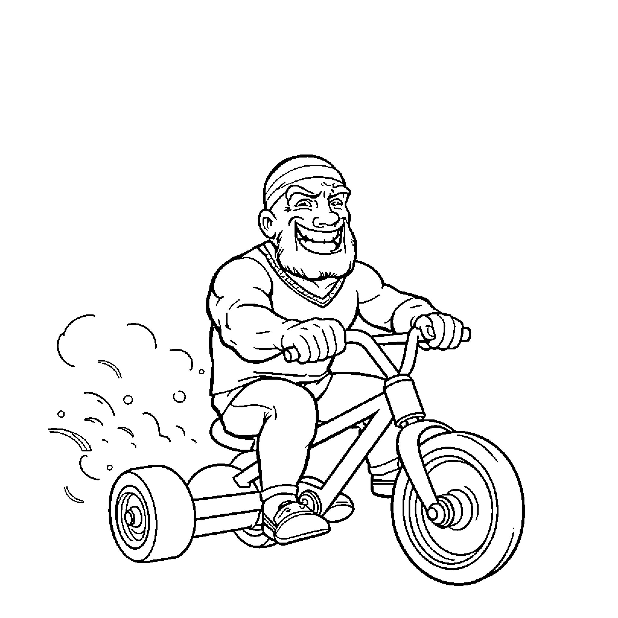 Hulk Hogan riding a tricycle with excitement Coloring Page (free black-and-white line drawing printable PDF for all, from beginners to advanced learners, including children, teens, adults, and seniors)