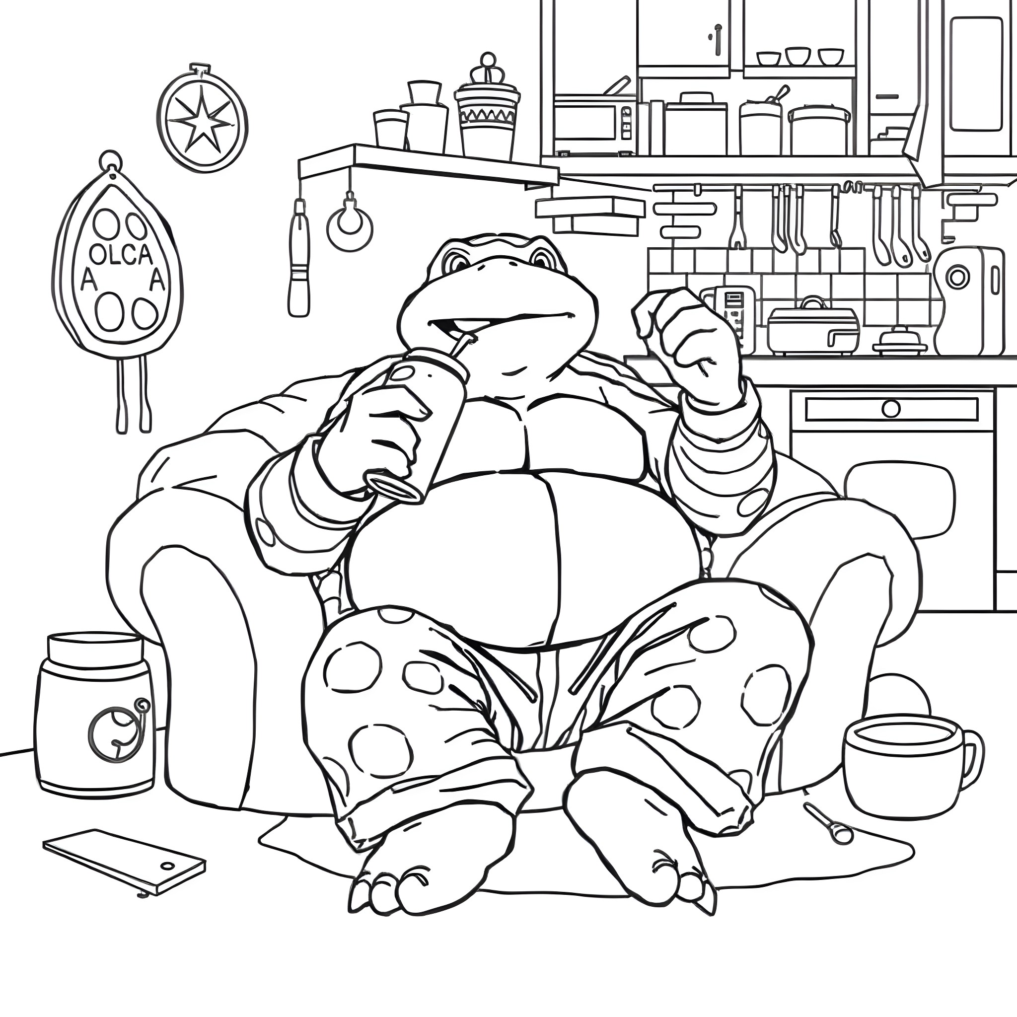 Ninja Turtle relaxing in the kitchen Coloring Page (free black-and-white line drawing printable PDF for all, from beginners to advanced learners, including children, teens, adults, and seniors)