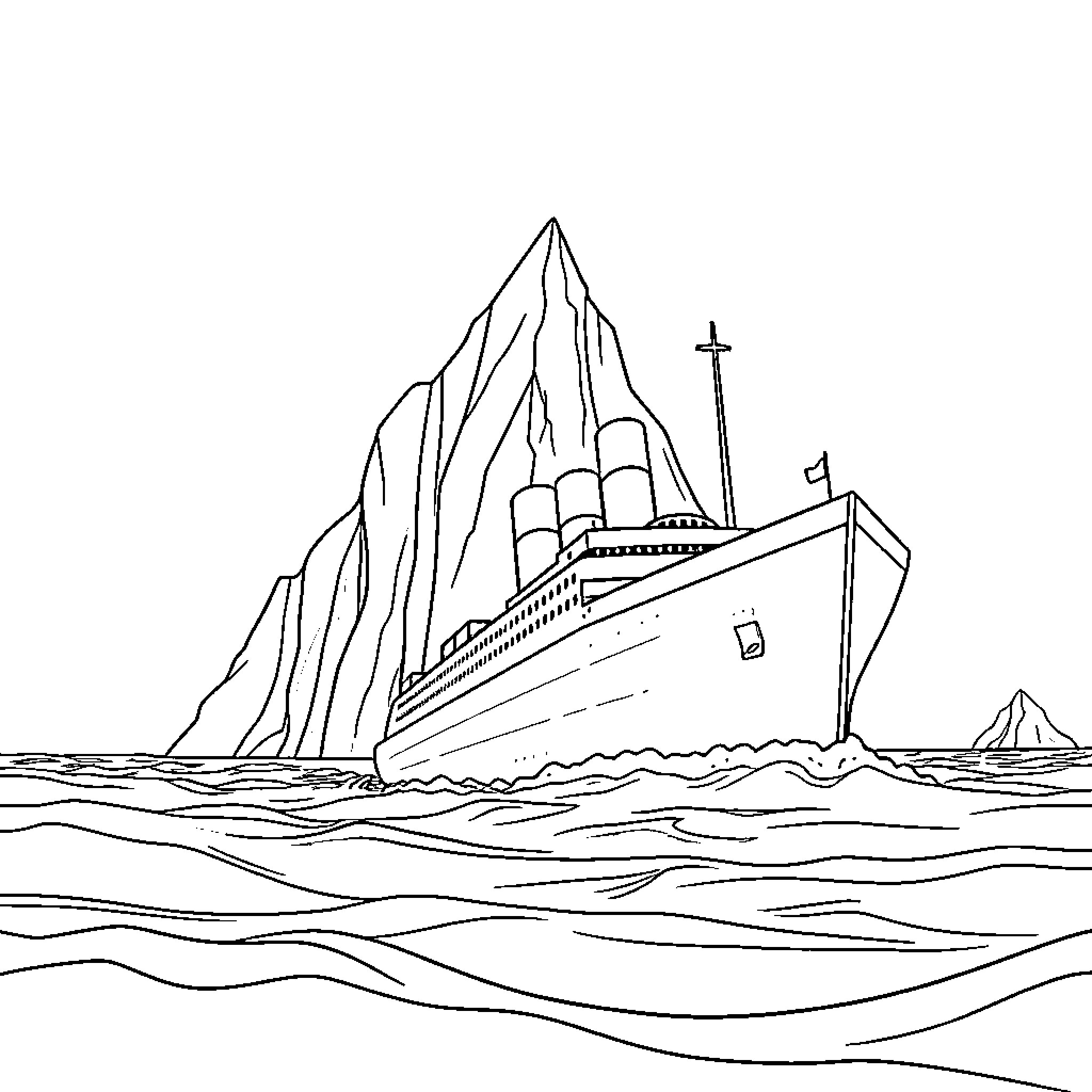 Titanic sailing through icy waters Coloring Page (free black-and-white line drawing printable PDF for all, from beginners to advanced learners, including children, teens, adults, and seniors)