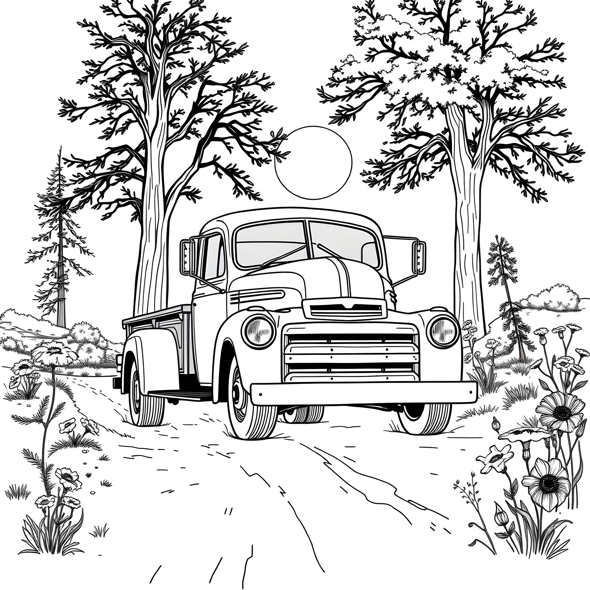 Truck driving through scenic forest landscape Coloring Page (free black-and-white line drawing printable PDF for all, from beginners to advanced learners, including children, teens, adults, and seniors)
