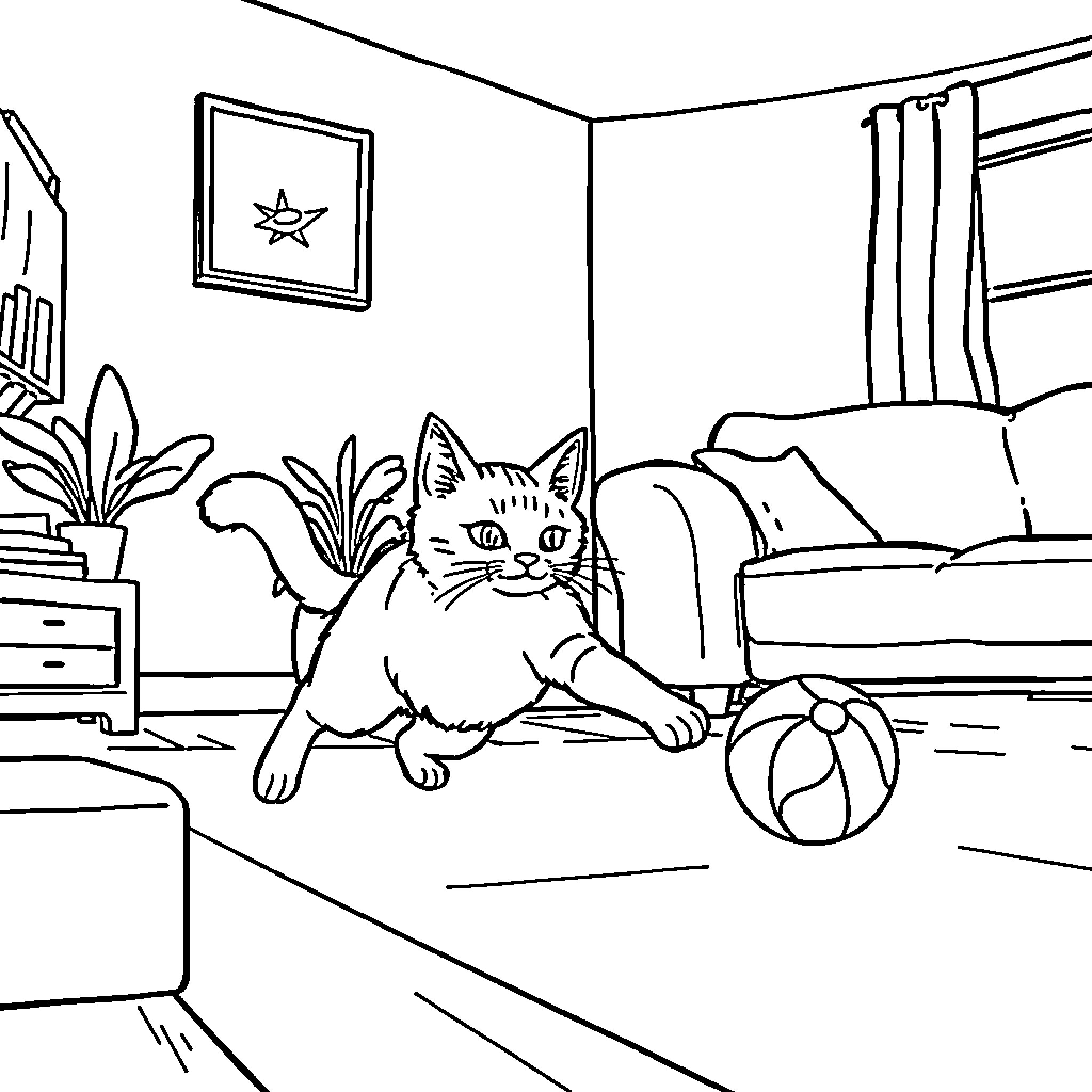 Cat playing with a ball in the room Coloring Page (free black-and-white line drawing printable PDF for all, from beginners to advanced learners, including children, teens, adults, and seniors)