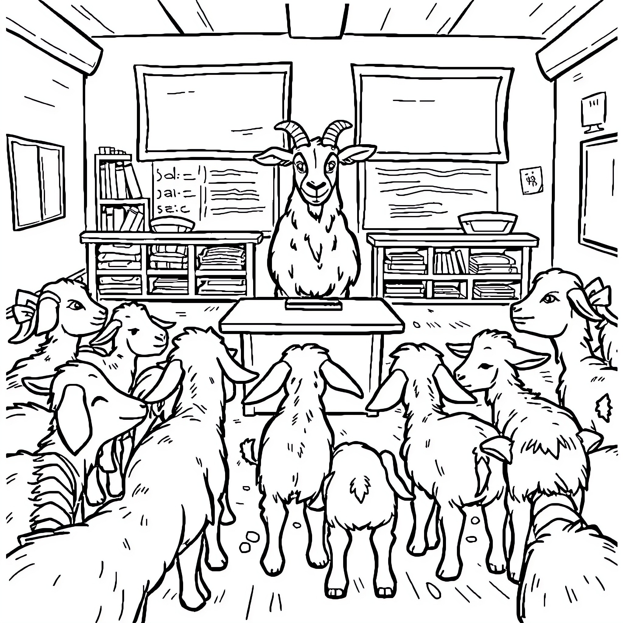 Goats gathered in a classroom setting Coloring Page (free black-and-white line drawing printable PDF for all, from beginners to advanced learners, including children, teens, adults, and seniors)