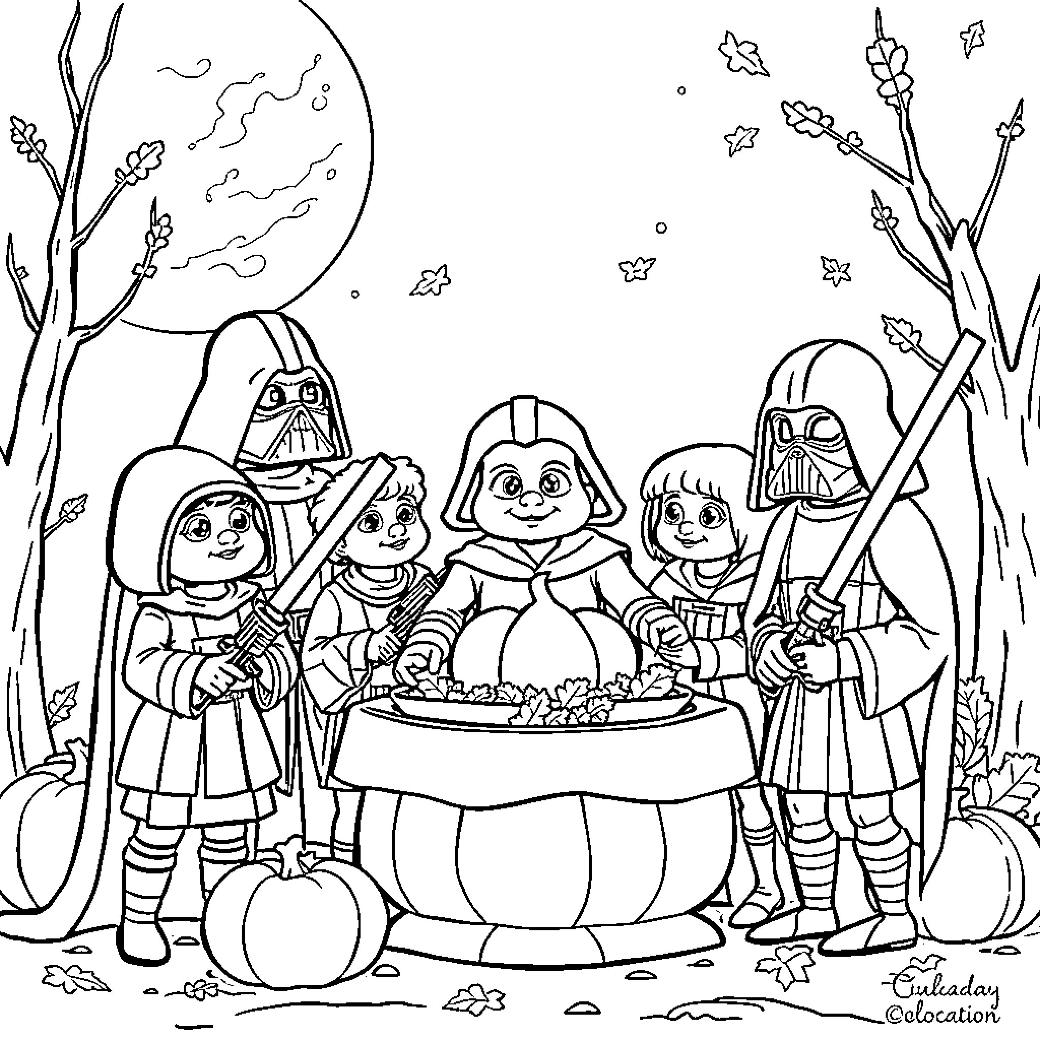 Star Wars characters having a picnic in the forest Coloring Page (free black-and-white line drawing printable PDF for all, from beginners to advanced learners, including children, teens, adults, and seniors)